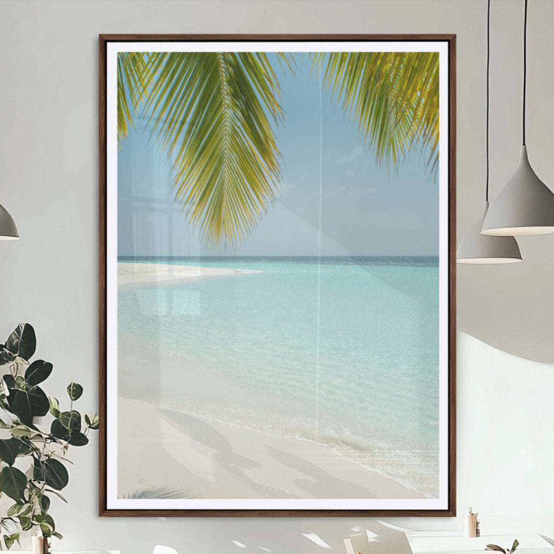 Azure Water Wall Art Canvas Print, Framed Tranquil Island Escape Art, Clear Blue Ocean Coastal Decor
