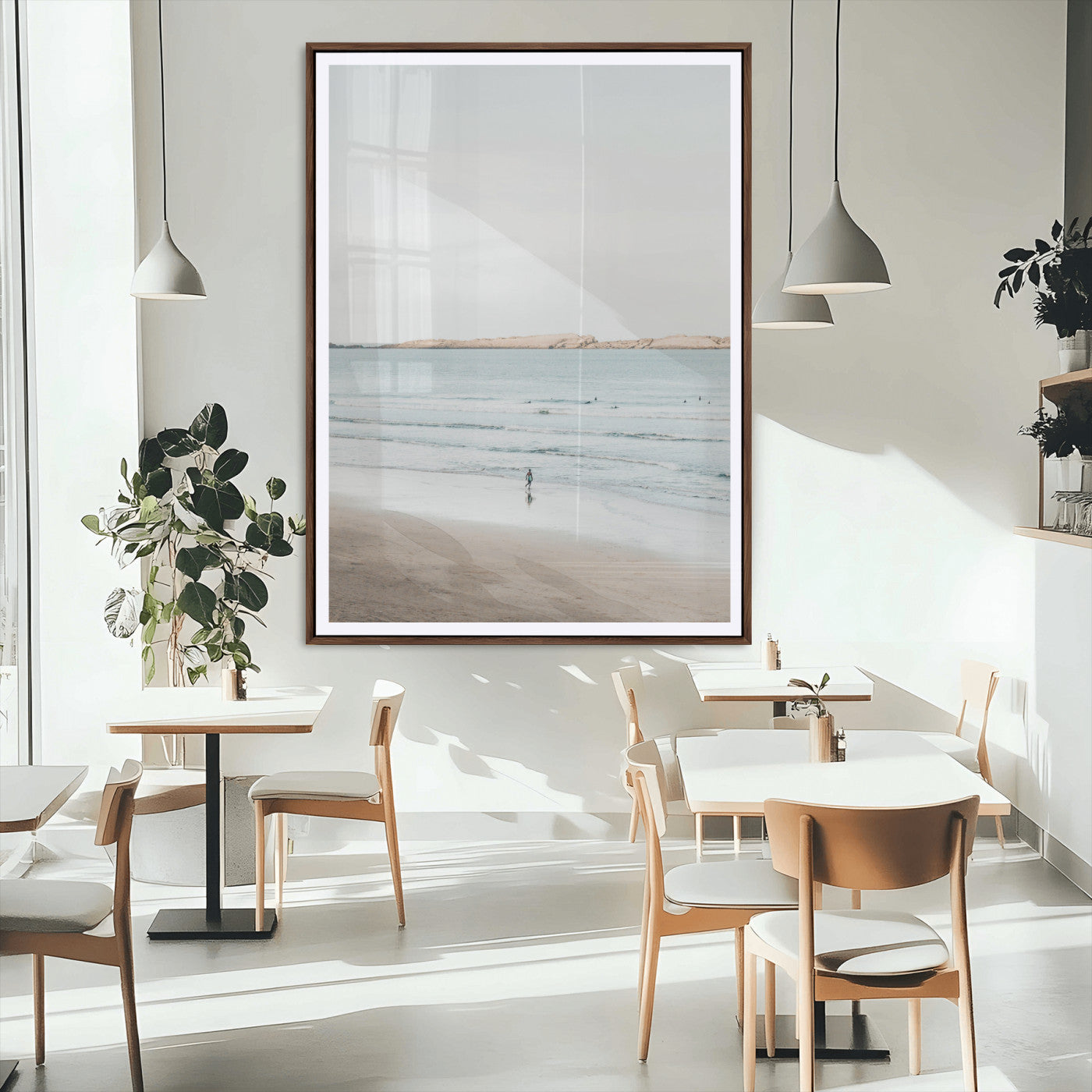 66350373-MGC-FP-24x36_Walnut-Minimalist Beach Wall Art Canvas Print – Framed Soft Blue Tones Tranquil Ocean Coastal Minimalist Artwork for Home, Office