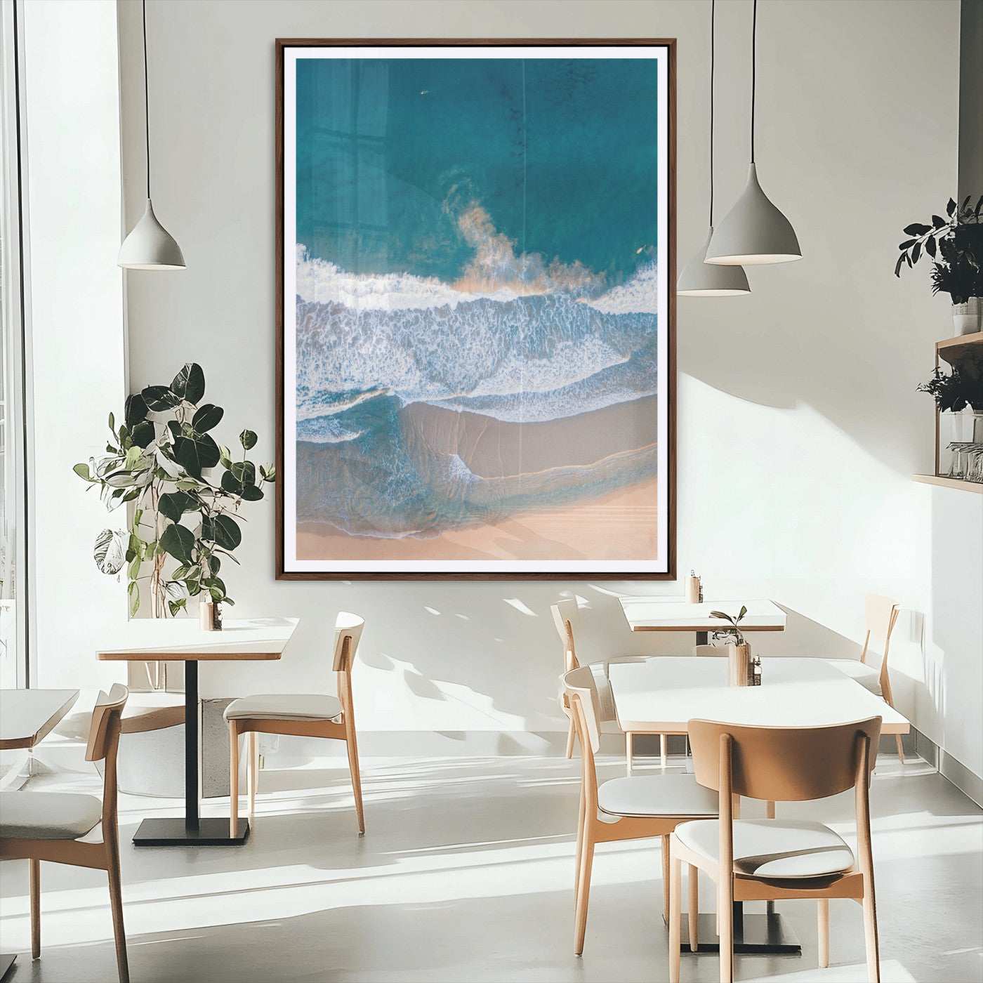 97740681-MGC-FP-24x36_Walnut-Aerial Beach View Wall Art Canvas Print – Framed Ocean Waves Coastal Serenity Minimalist Seascape Artwork for Home, Office