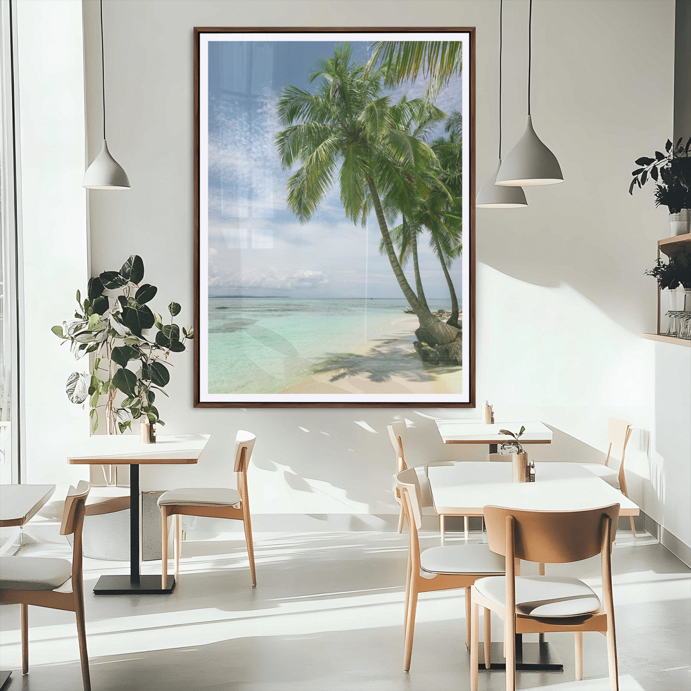 80489589-MGC-FP-24x36_Walnut-Tropical Beach Palm Trees Canvas Print – Framed Island Coastal Wall Art Bright Ocean Horizon Photography for Home, Office