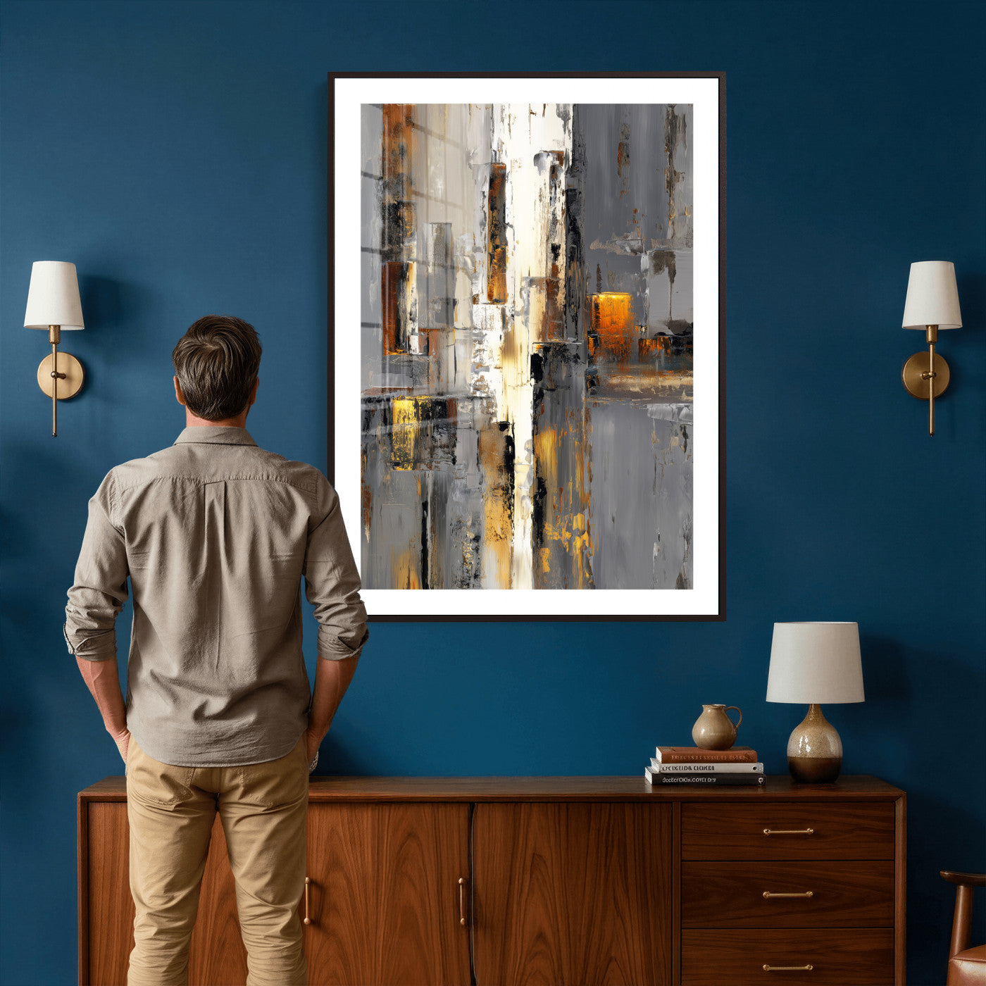35992080-MGV-CV-24X36 - Abstract Urban Reflection Wall Art Canvas Print, Gold Black Modern Architecture Canvas Print, Contemporary Moody City Artwork for Living Room Decor