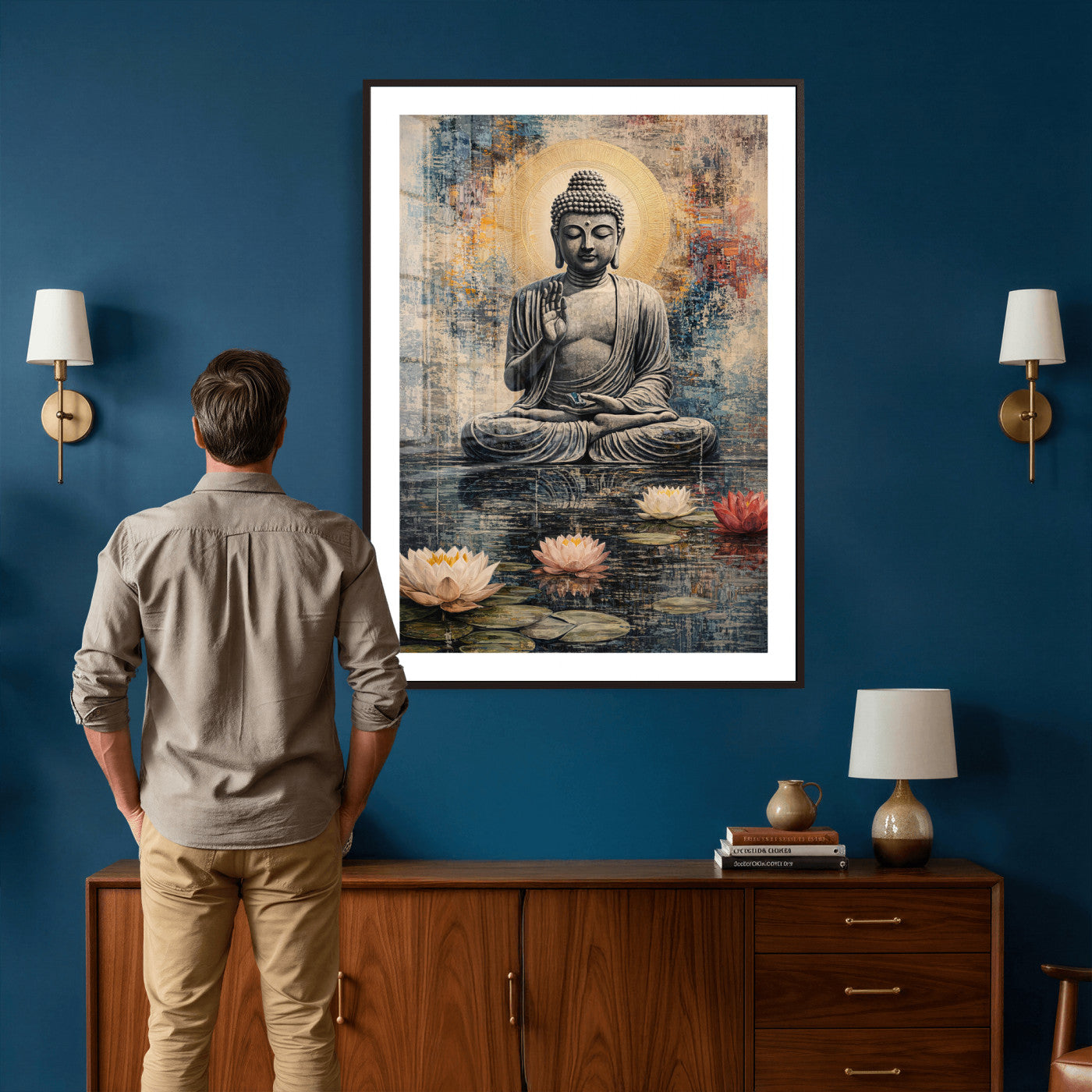 3812625445543-MGV-CV-24X36 - Serene Buddha with Lotus Flowers | Tranquil Meditation Art | Zen Wall Decor for Mindful Living Spaces | Spiritual Canvas Print