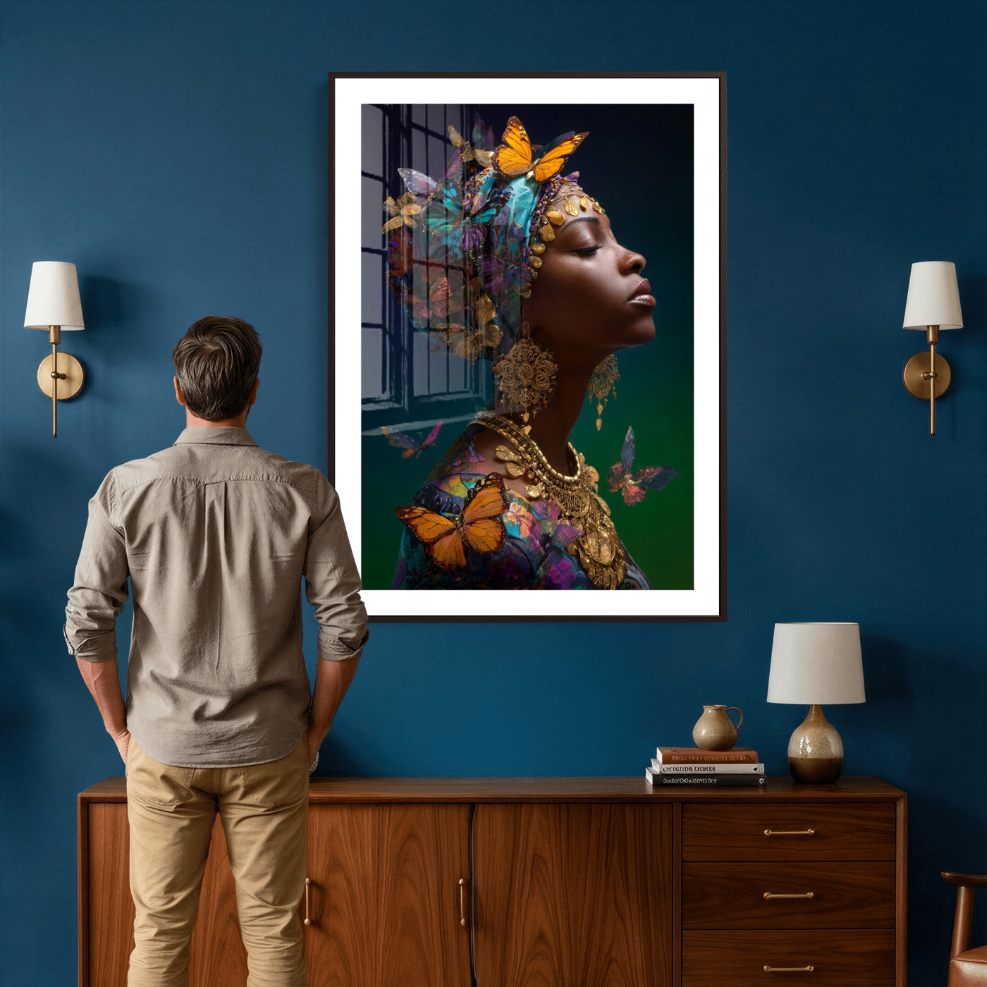 620930SZC0-MGV-CV-24X36 - Butterfly Crown Gold Woman Portrait — Monarch Queen Canvas Print | Teal Dark Fantasy Art | Boho Bedroom Wall Decor | Empowerment Gift Her