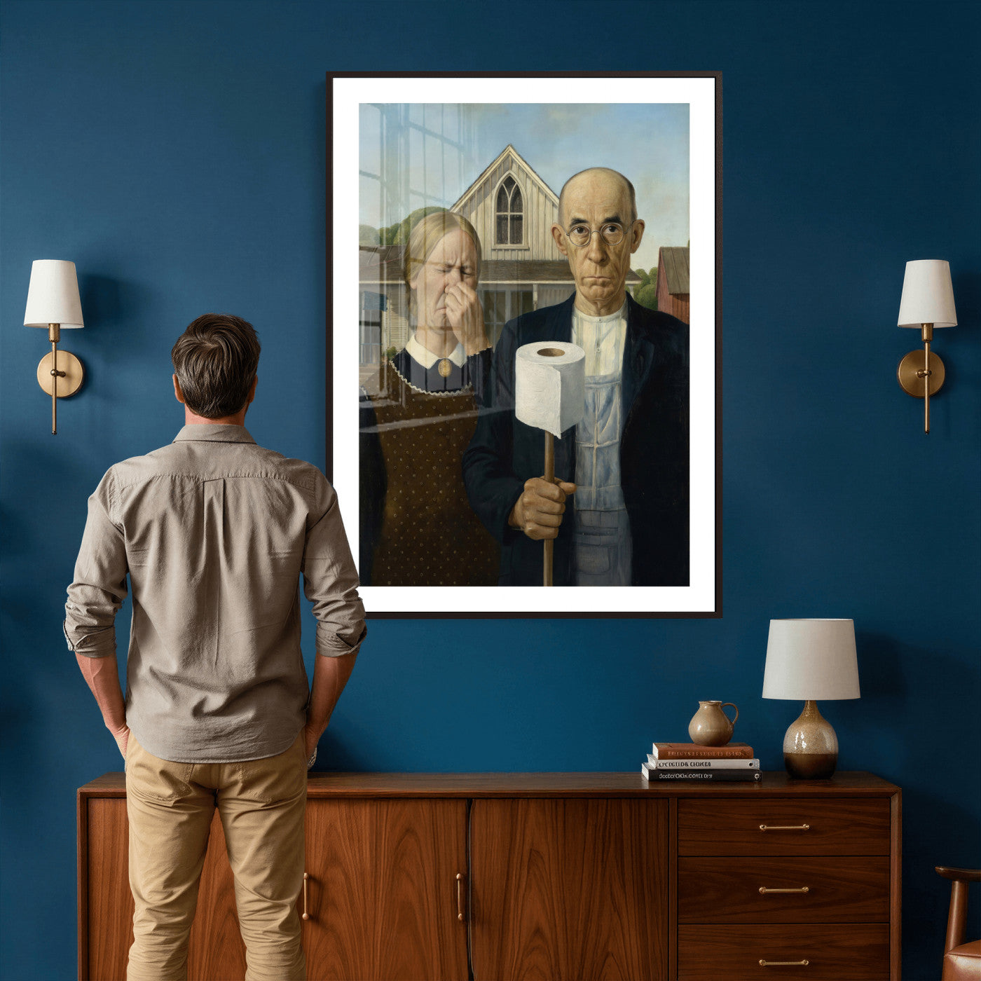 46805085-MGV-CV-24X36 - Funny Bathroom Canvas Wall Art, Grant Wood American Gothic Toilet Paper Parody Print, Humor Bathroom Decor, Classic Art Spoof, Quirky Housewarming Gift