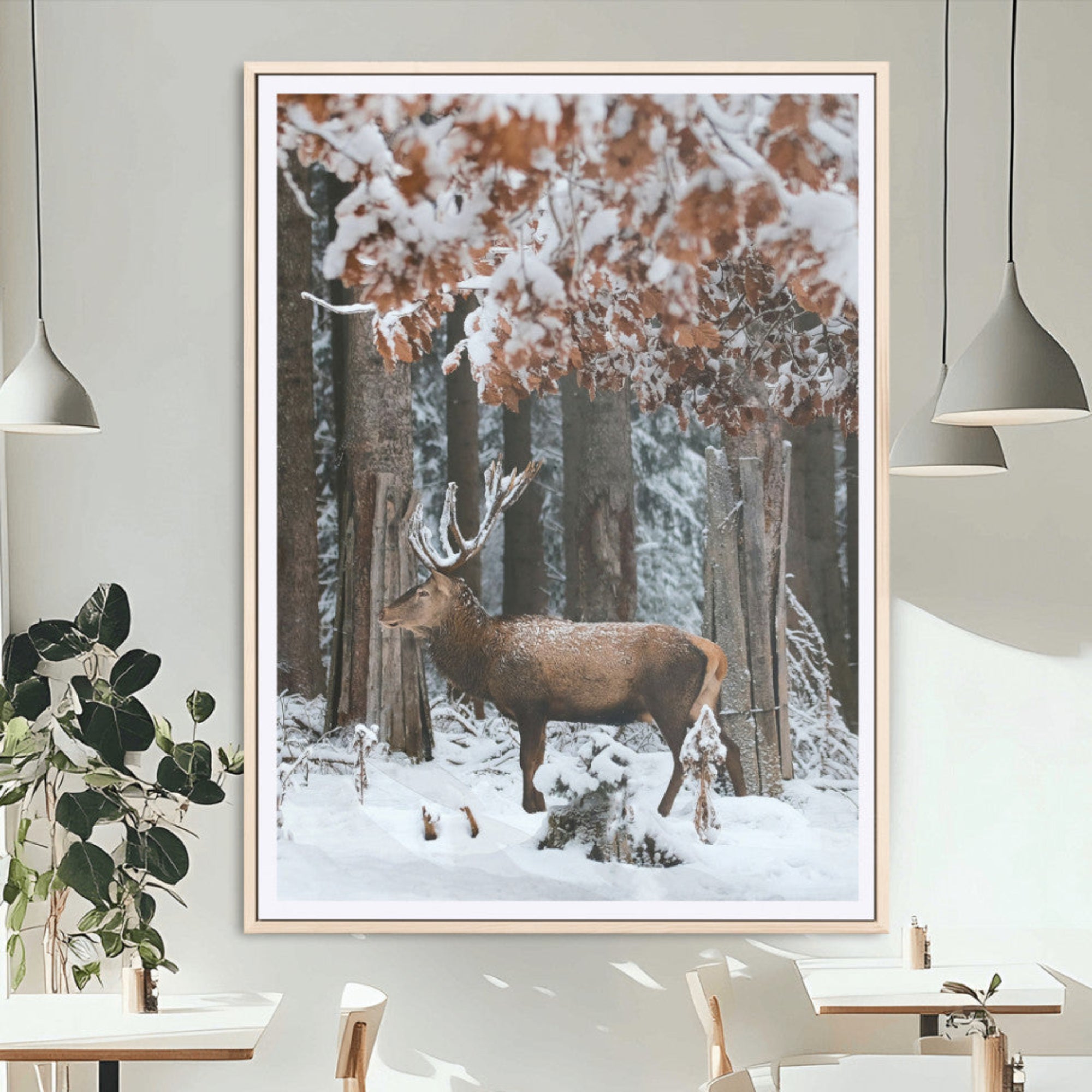 53001693-MGC-FP-24x36_Natural-Serene Landscape Wall Art Canvas Print – Framed Winter Wonderland Deer Nature Scene Artwork for Home Office