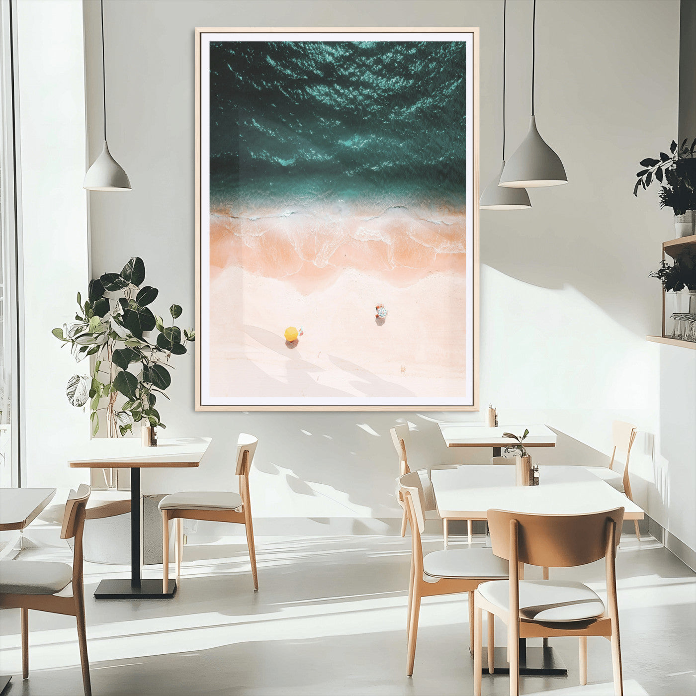 44468317-MGC-FP-24x36_Natural-Aerial Serenity Wall Art Canvas Print – Gentle Waves Peach Shore Yellow Umbrella Peaceful Beach Coastal Decor Artwork for Home