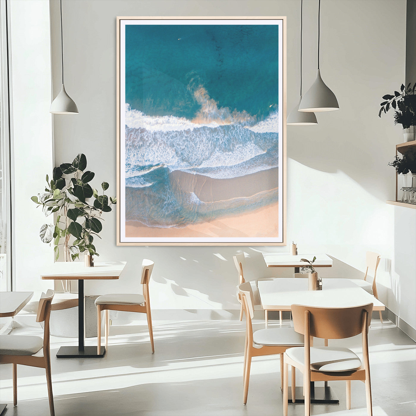 97740681-MGC-FP-24x36_Natural-Aerial Beach View Wall Art Canvas Print – Framed Ocean Waves Coastal Serenity Minimalist Seascape Artwork for Home, Office