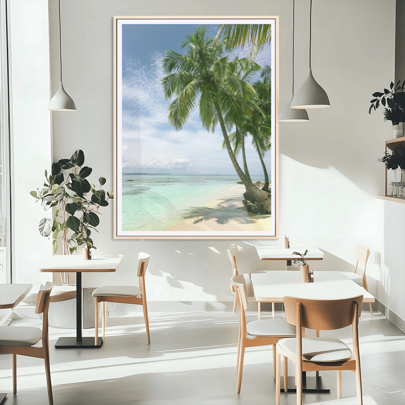80489589-MGC-FP-24x36_Natural-Tropical Beach Palm Trees Canvas Print – Framed Island Coastal Wall Art Bright Ocean Horizon Photography for Home, Office