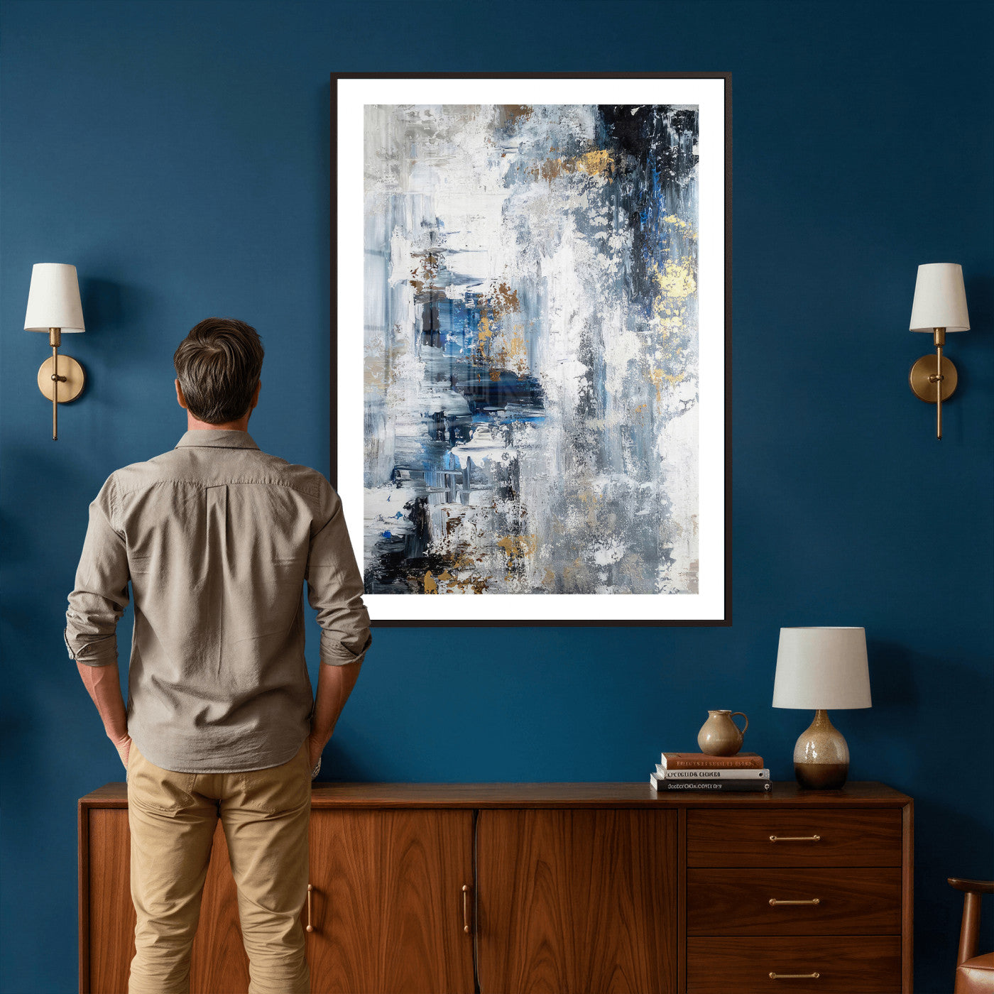 3962948988-MGV-CV-24X36 - Blue Abstract Wall Art Canvas Print, Gold Black Modern Architecture Canvas Print, Contemporary Moody City Artwork for Living Room Decor