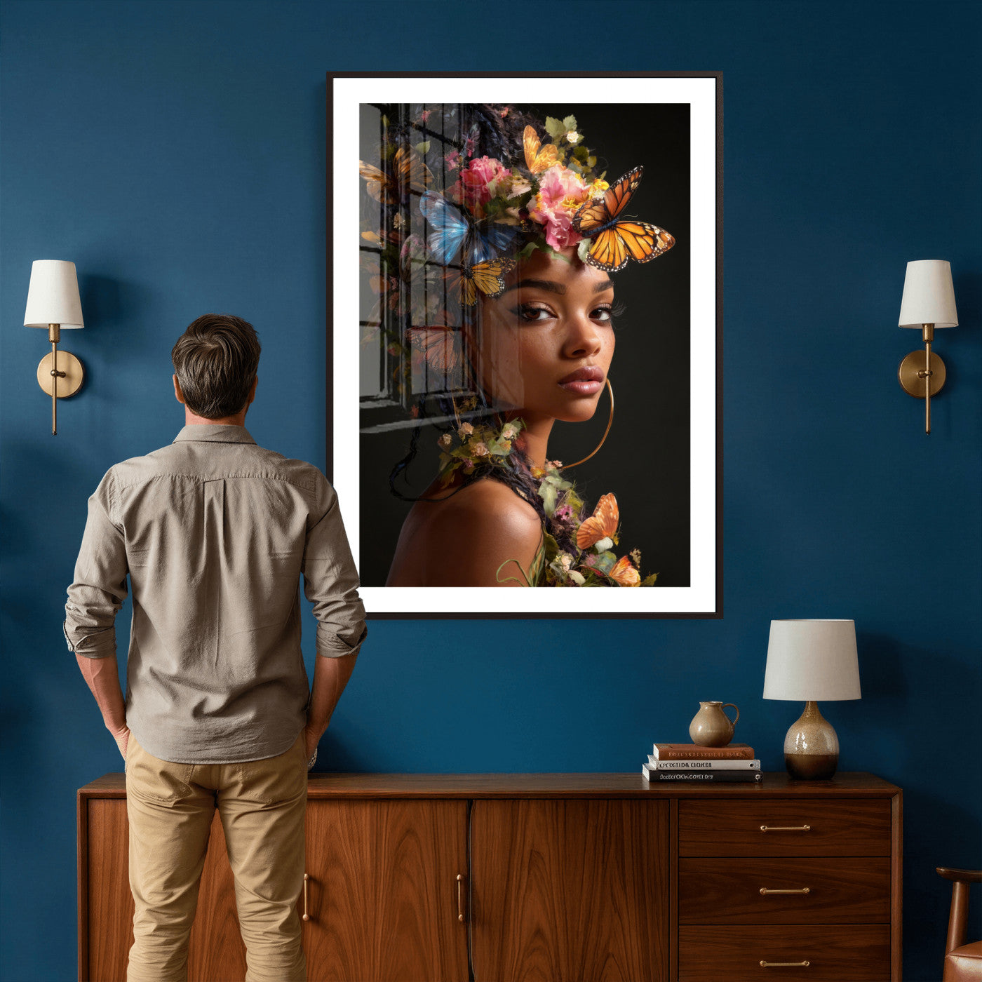 620930SZC10-MGV-CV-24X36 - Butterfly Crown Gold Woman Portrait — Monarch Queen Canvas Print | Teal Dark Fantasy Art | Boho Bedroom Wall Decor | Empowerment Gift Her