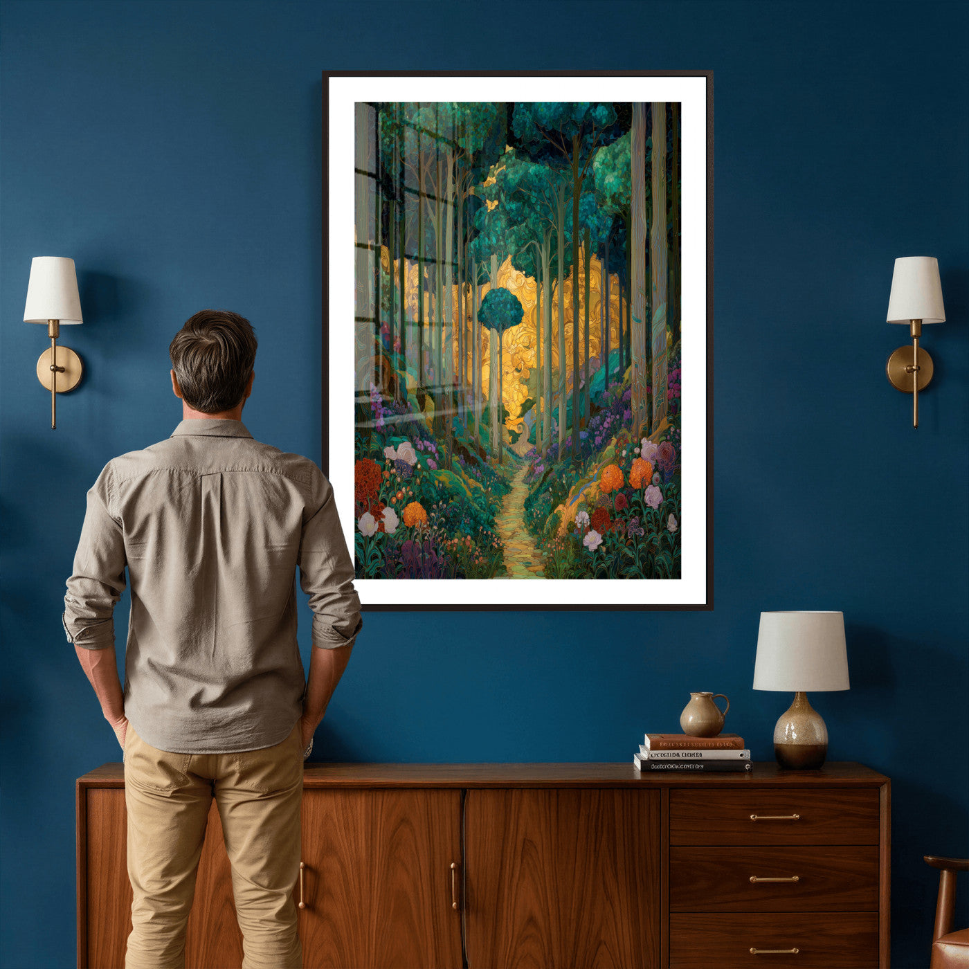 70159913-MGV-CV-24X36 - Gustav Klimt Style Forest Canvas Wall Art, Golden Forest Path Floral Art Nouveau Print, Enchanted Woodland Decor, Maximalist Colorful Nature Art