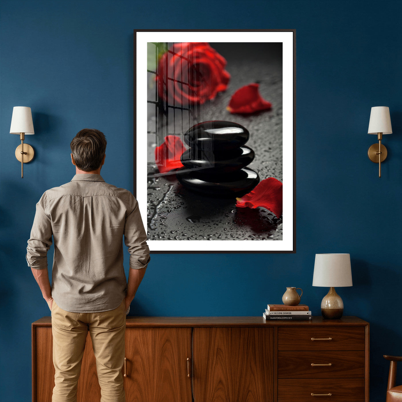 37334763-MGV-CV-24X36 - Black Lava Stone Rose Canvas | Red Rose Spa Photography Print | Stacked Stones Dark Luxury Wall Art | Dramatic Bathroom Decor