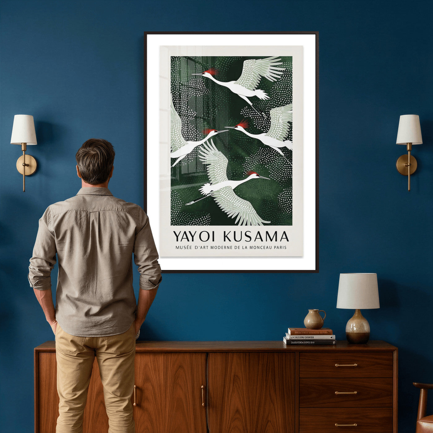 63036906-MGV-CV-24X36 - Yayoi Kusama Crane Bird Wall Art Canvas Print, Japanese Inspired Flying Heron Framed Artwork, Green Botanical Nature Decor for Living Room Bedroom Office