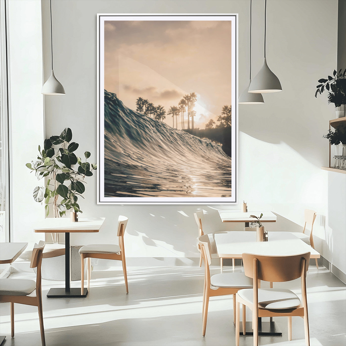 50270635-MGC-FP-24x36_White-Golden Hour Ocean Wave Wall Art Canvas Print – Framed Tropical Beach Sunset Palm Silhouette Coastal Artwork for Home Office