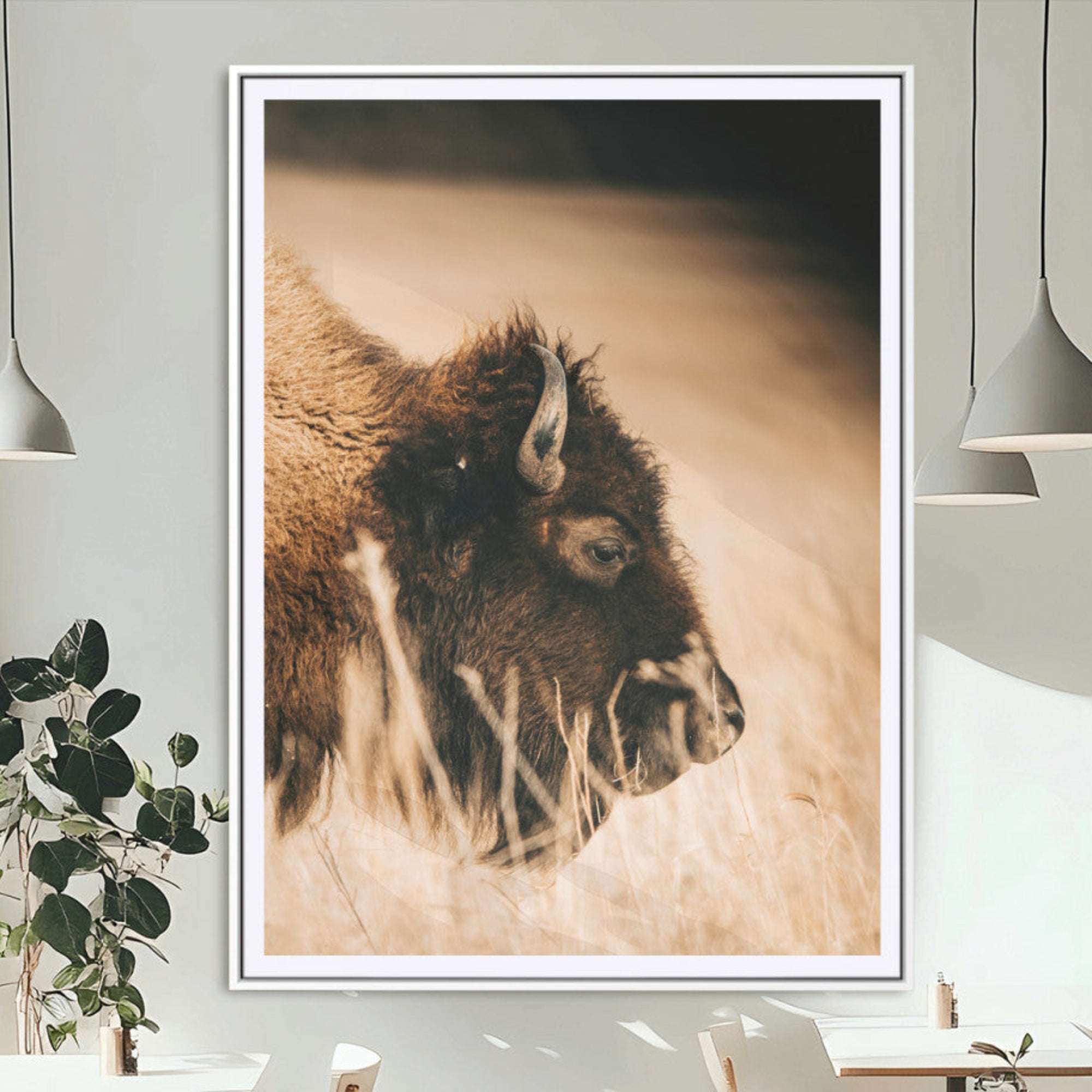 97970334-MGC-FP-24x36_White-Bison Portrait Wall Art Canvas Print – Framed Western Prairie Serenity Landscape Artwork for Home Office