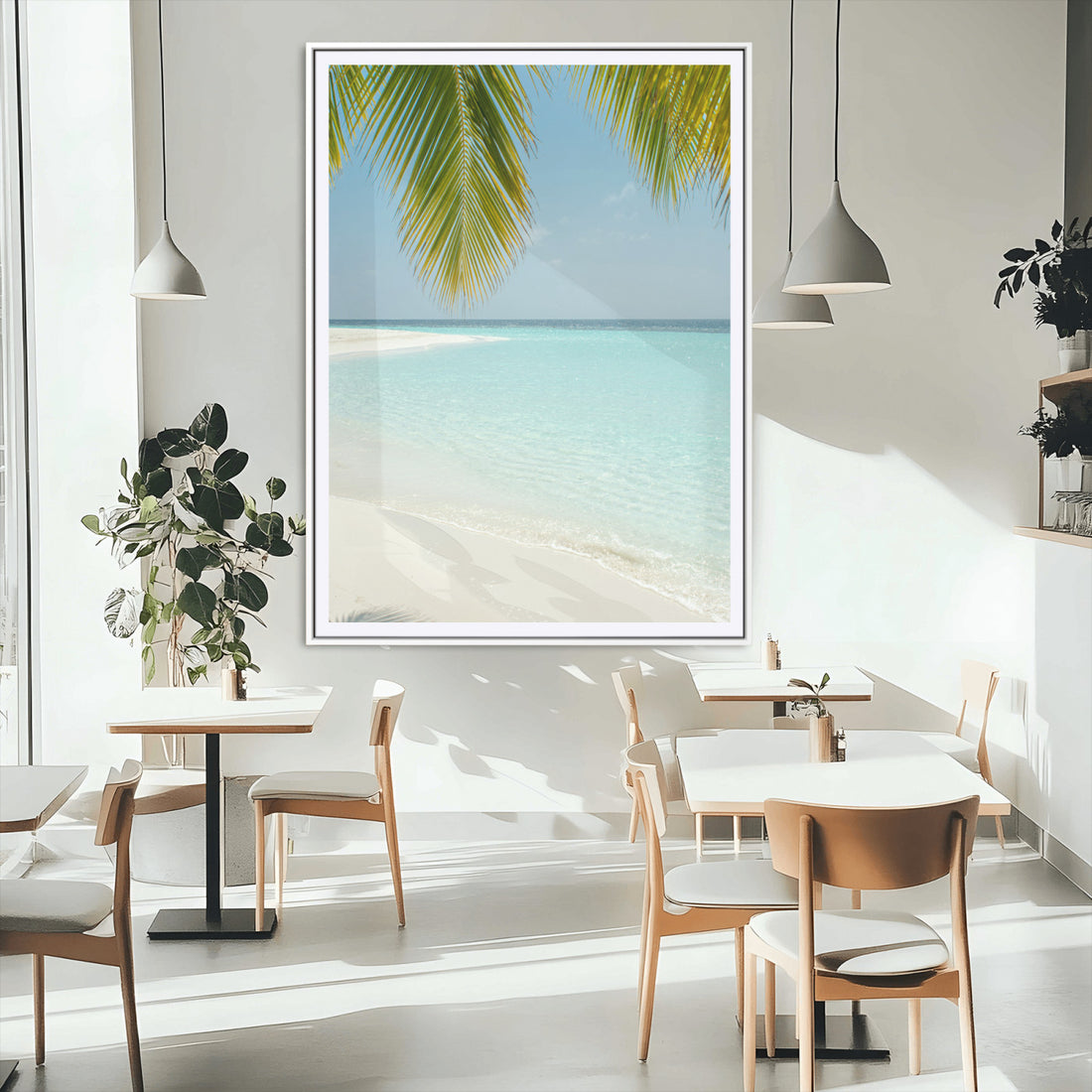 Azure Water Wall Art Canvas Print, Framed Tranquil Island Escape Art, Clear Blue Ocean Coastal Decor