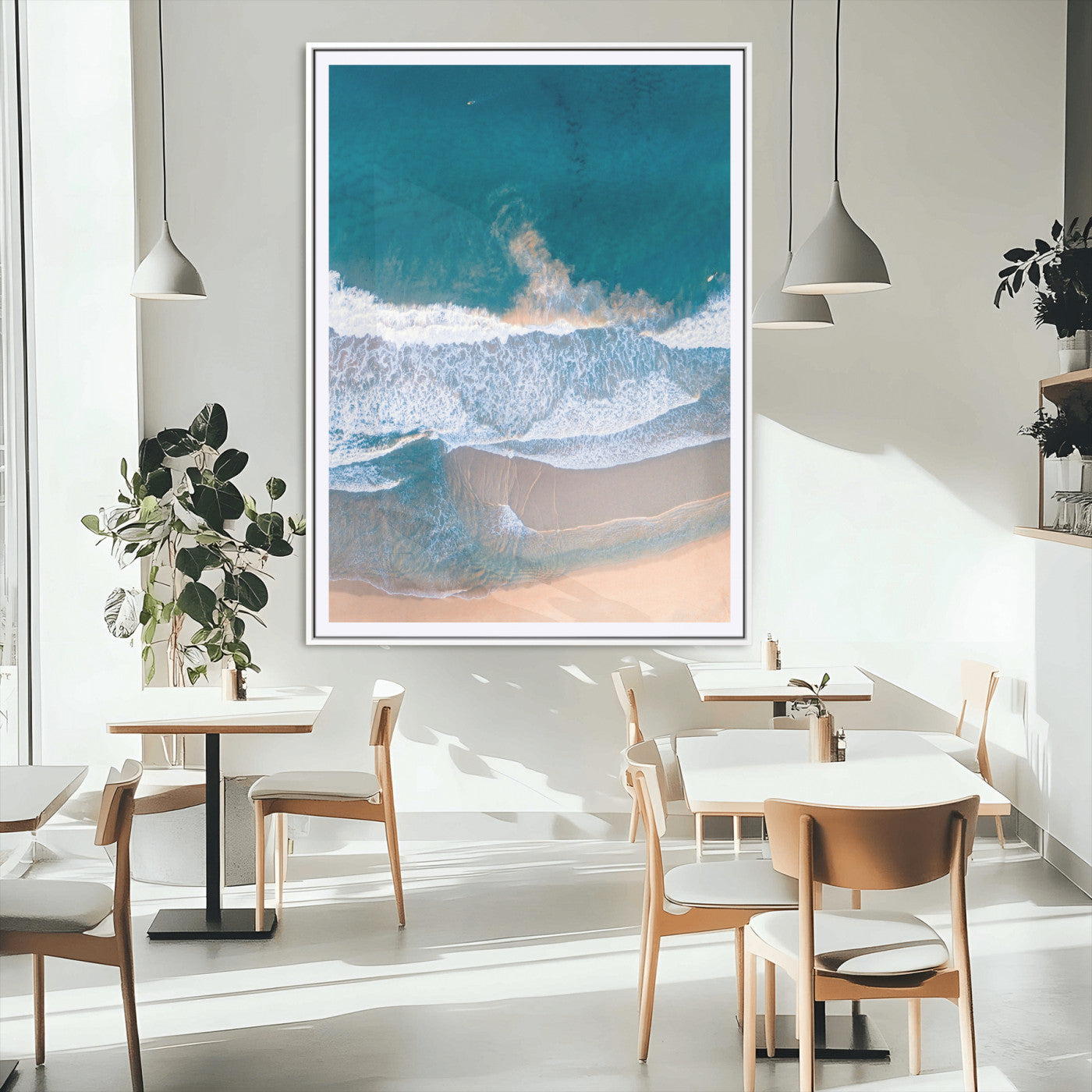 97740681-MGV-CV-24X36-Aerial Beach View Wall Art Canvas Print – Framed Ocean Waves Coastal Serenity Minimalist Seascape Artwork for Home, Office
