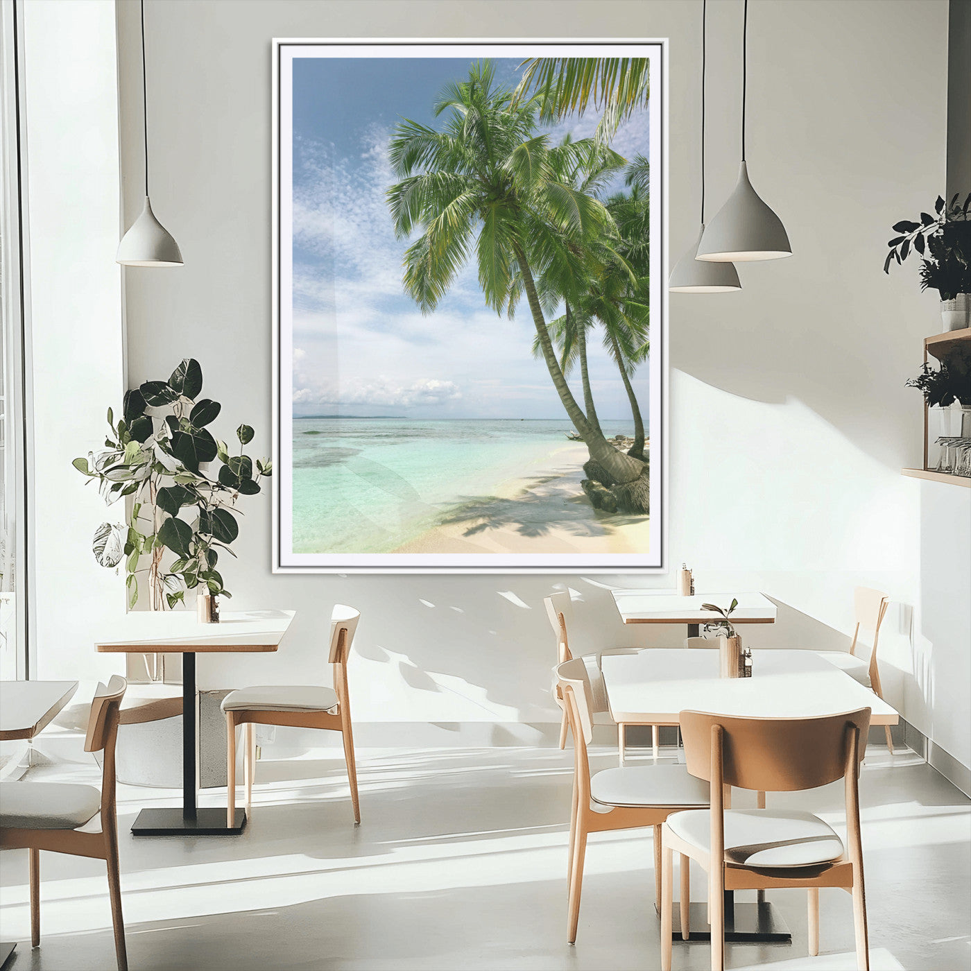80489589-MGV-CV-24X36-Tropical Beach Palm Trees Canvas Print – Framed Island Coastal Wall Art Bright Ocean Horizon Photography for Home, Office