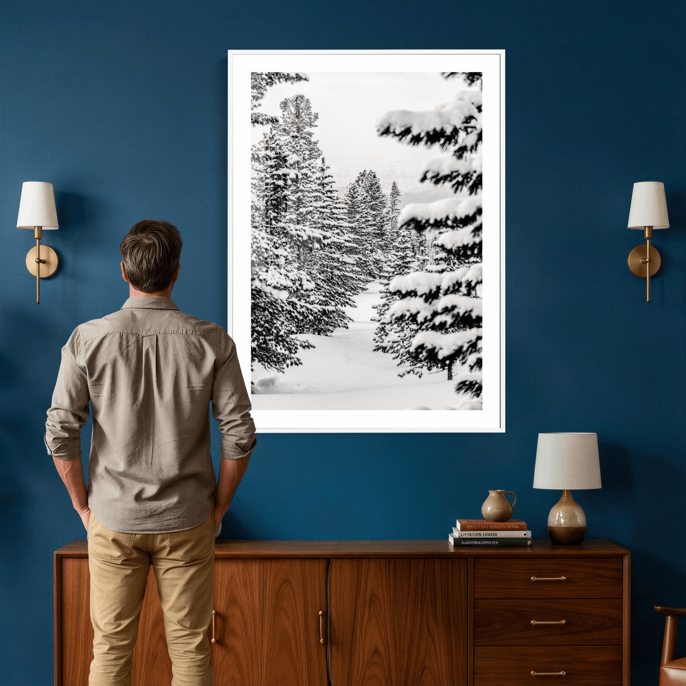 42534505-MGV-CV-24X36 - Snowy Pine Forest Wall Art Canvas Print, Minimal Winter Woodland Landscape, Black and White Nature Artwork