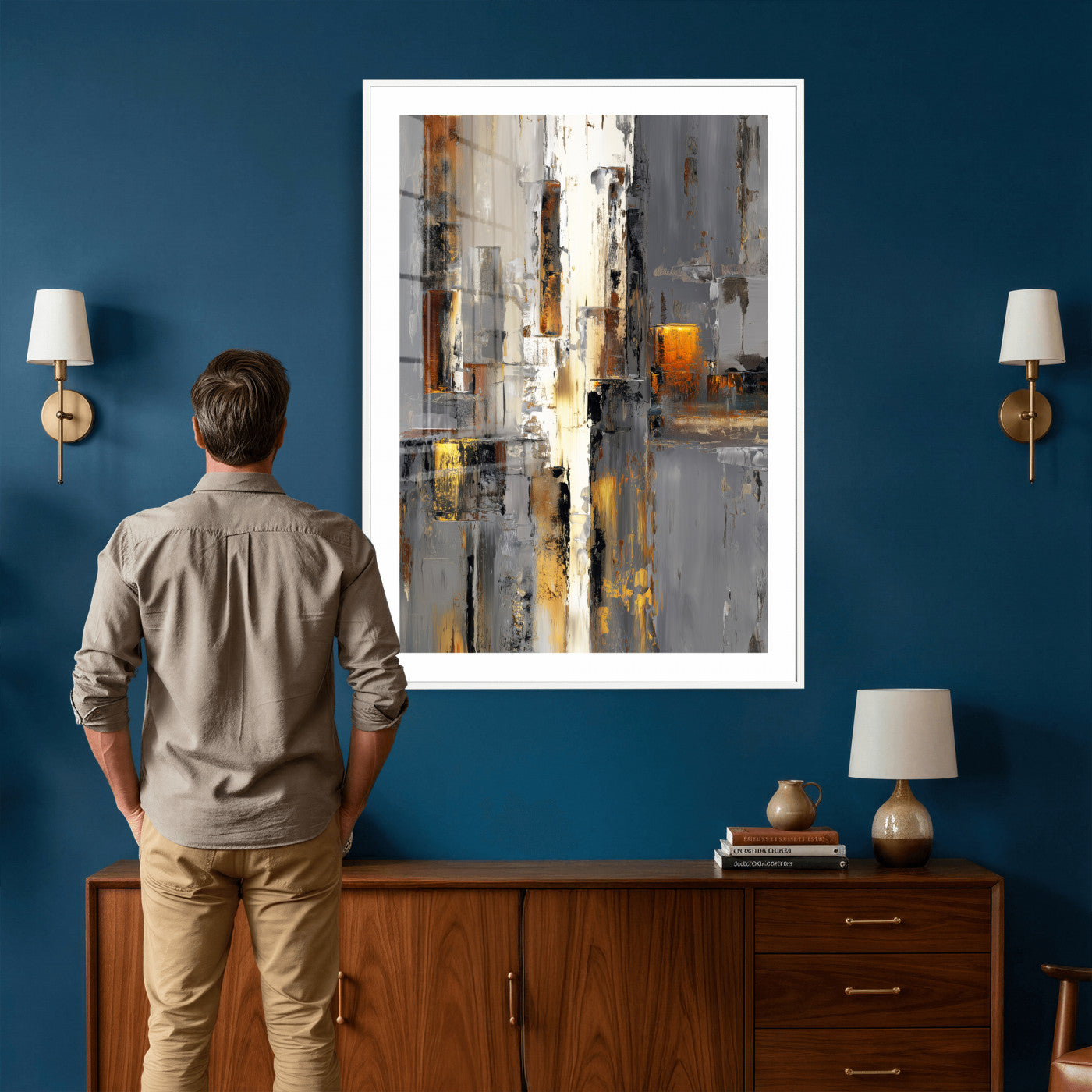 35992080-MGV-CV-24X36 - Abstract Urban Reflection Wall Art Canvas Print, Gold Black Modern Architecture Canvas Print, Contemporary Moody City Artwork for Living Room Decor