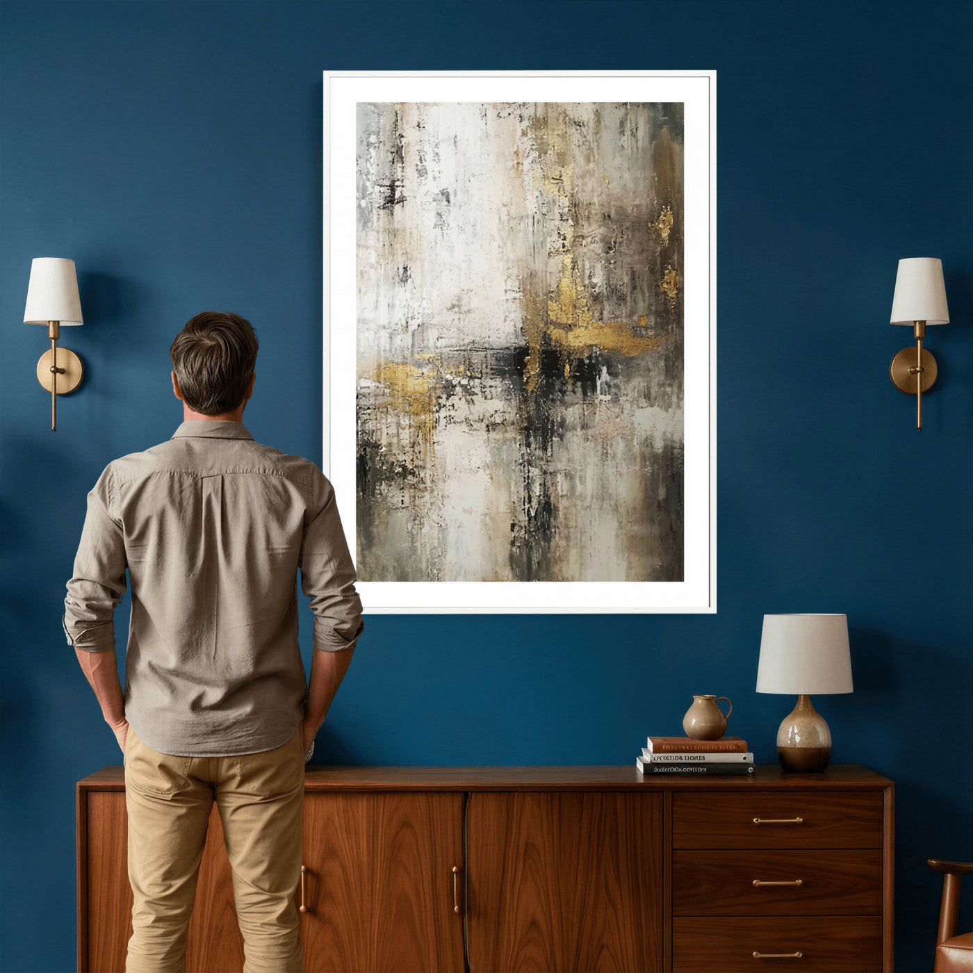 381262454-MGV-CV-24X36 - Framed Abstract Wall Art Canvas Print, Gold Black Modern Architecture Canvas Print, Contemporary Moody City Artwork for Living Room Decor