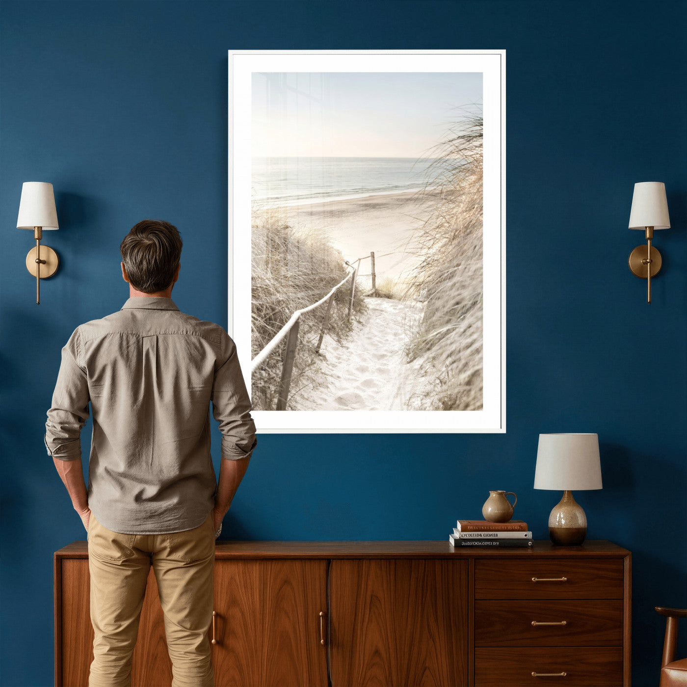 58415953-MGV-CV-24X36 - Coastal Beach Path Wall Art Canvas Print - Neutral Ocean Shore Landscape Artwork for Minimalist Home Decor