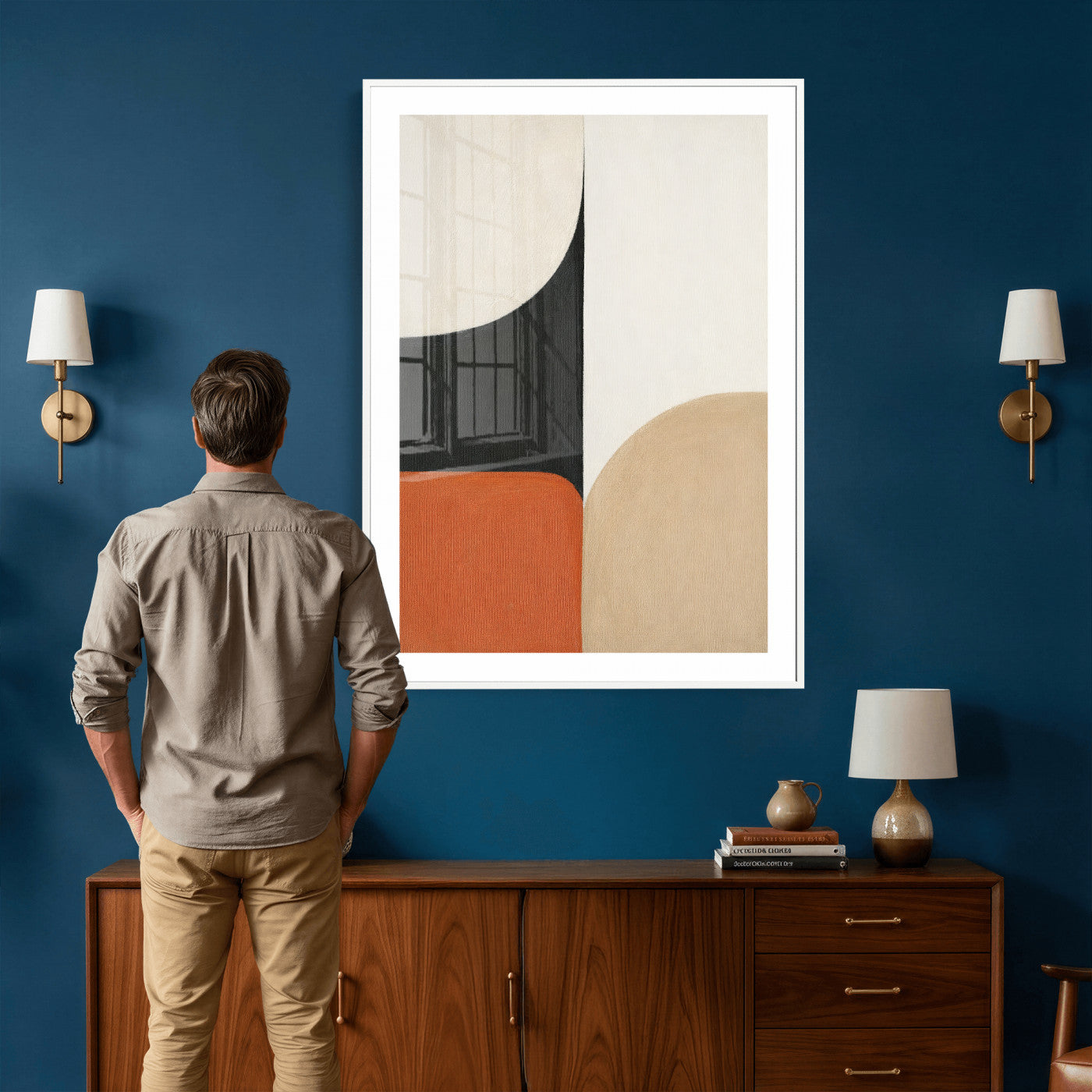 38800649-MGV-CV-24X36 - Geometric Abstract Wall Art Canvas Print, Orange Blue Abstract Expressionist Painting Print, Modern Geometric Abstract Canvas Art