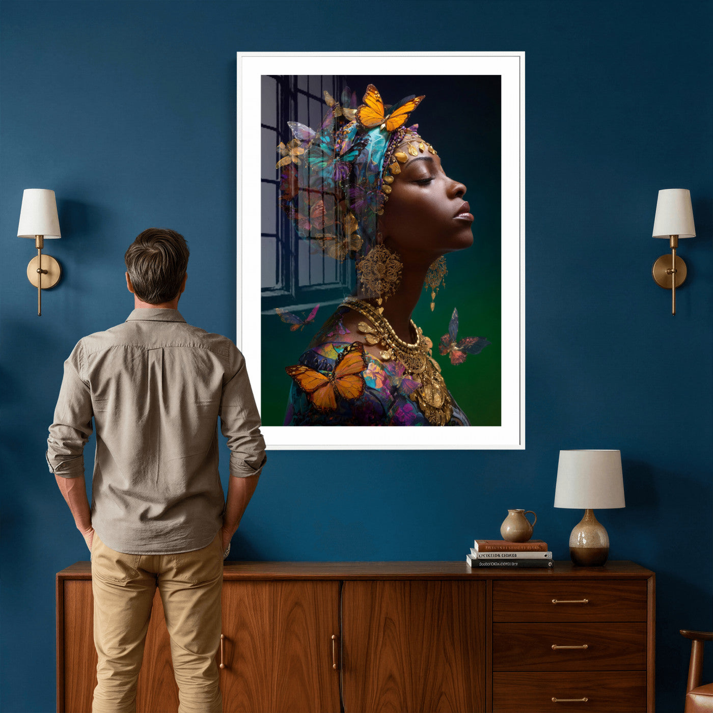 620930SZC0-MGV-CV-24X36 - Butterfly Crown Gold Woman Portrait — Monarch Queen Canvas Print | Teal Dark Fantasy Art | Boho Bedroom Wall Decor | Empowerment Gift Her