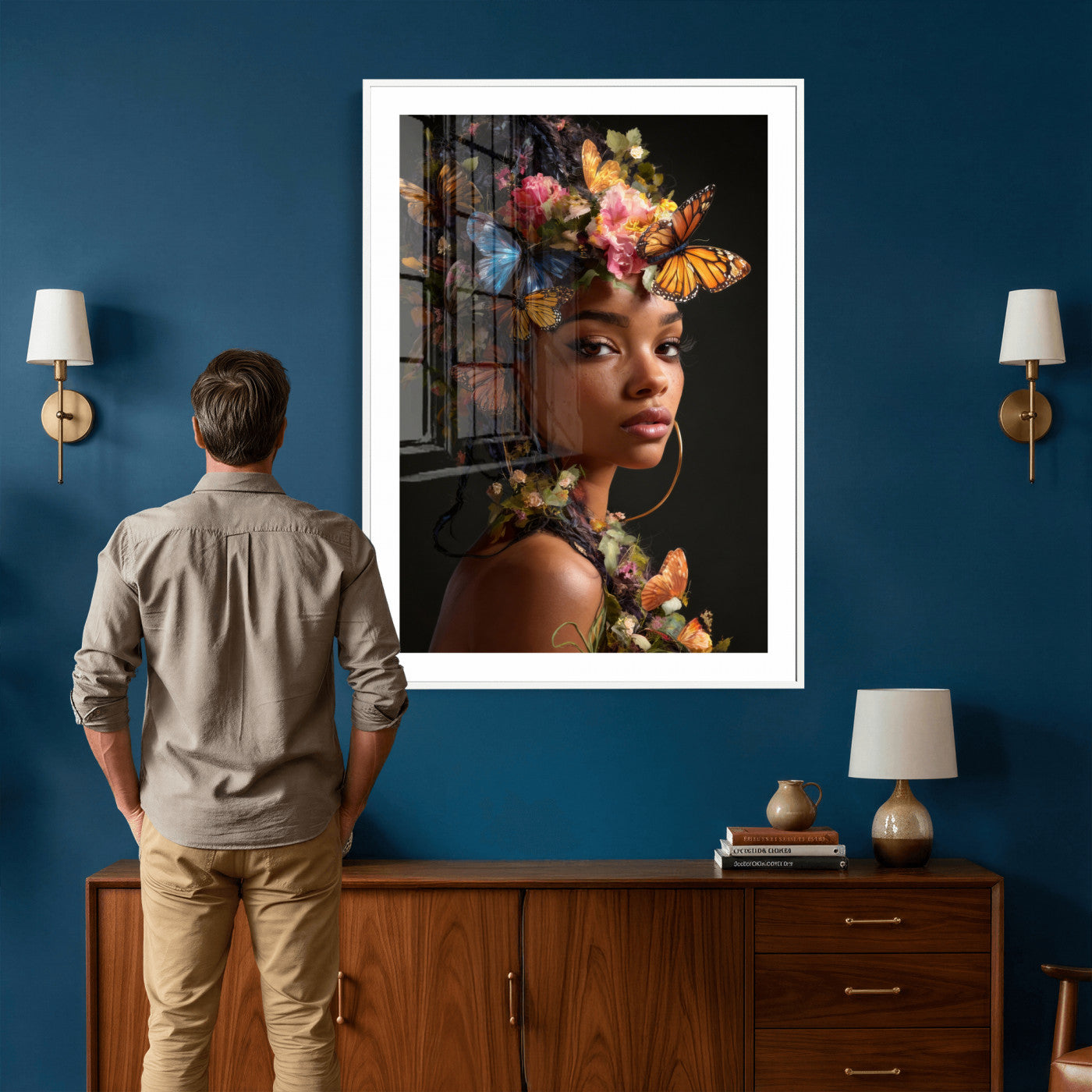 620930SZC10-MGV-CV-24X36 - Butterfly Crown Gold Woman Portrait — Monarch Queen Canvas Print | Teal Dark Fantasy Art | Boho Bedroom Wall Decor | Empowerment Gift Her