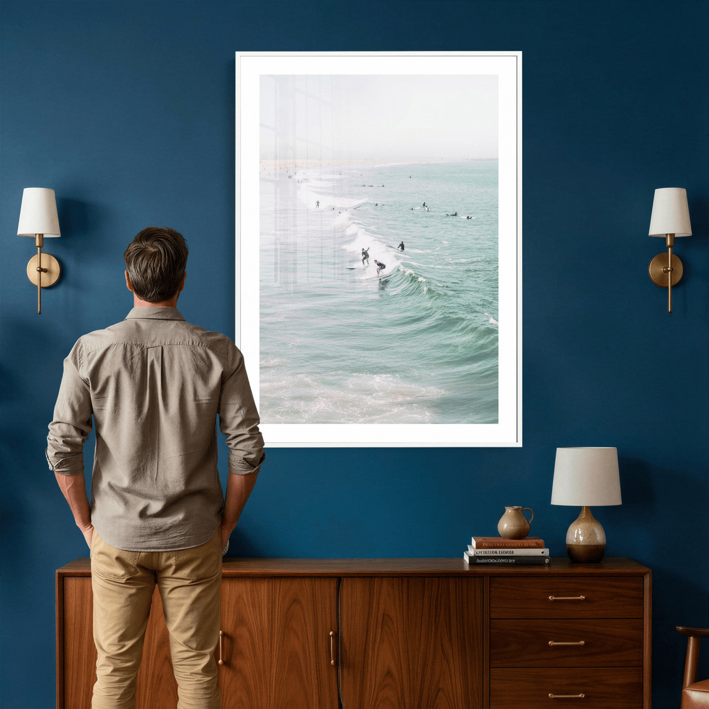 58043762-MGV-CV-24X36 - Surfers on Waves Canvas Wall Art, Aerial Ocean Photography Print, Mint Green Surf Decor, California Beach House Art, Coastal Sports Wall Decor