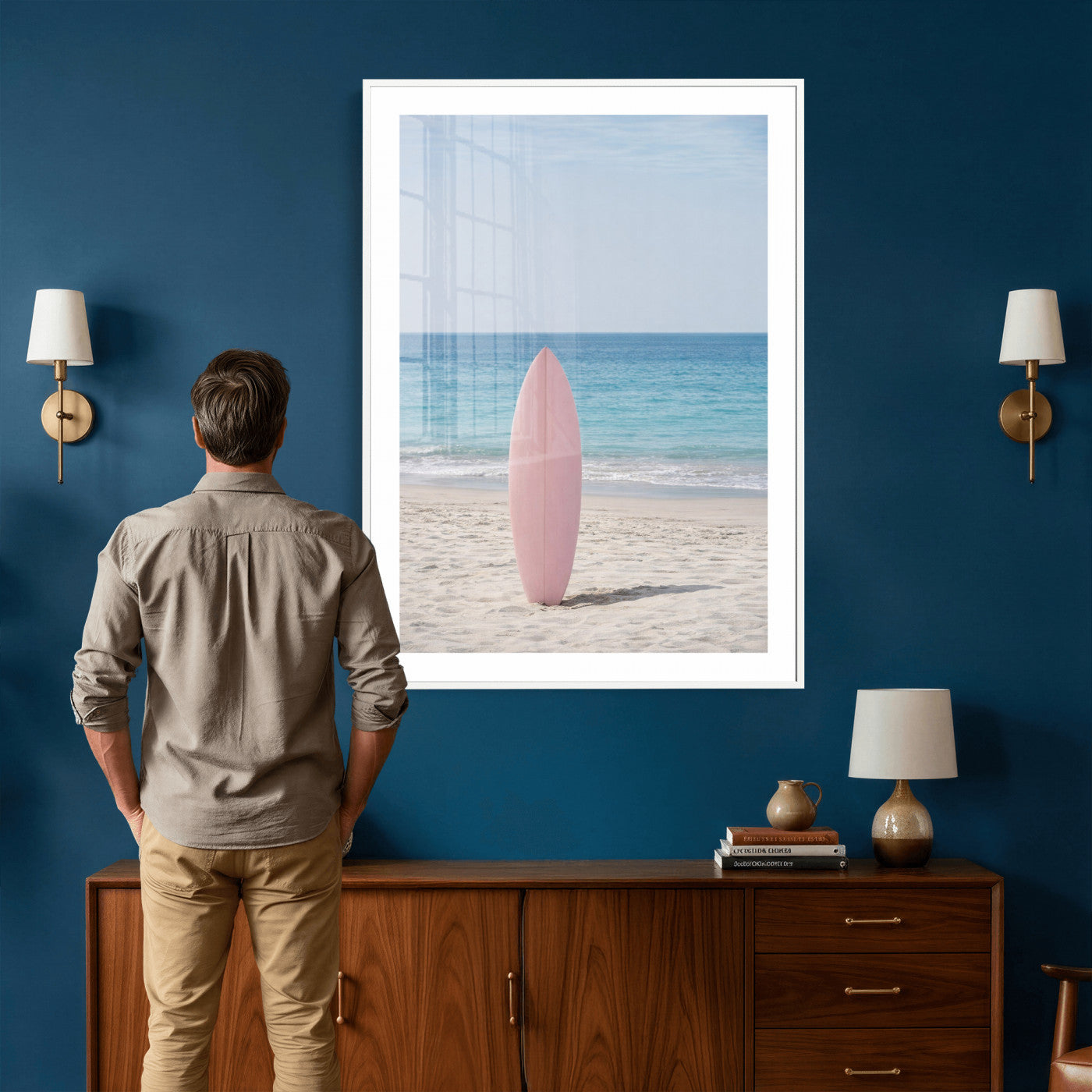 17265103-MGV-CV-24X36 - Pink Surfboard Canvas Wall Art, Minimalist Beach Photography Print, Pastel Ocean Coastal Decor, Girl Beach Room Art, Aesthetic Summer Wall Print