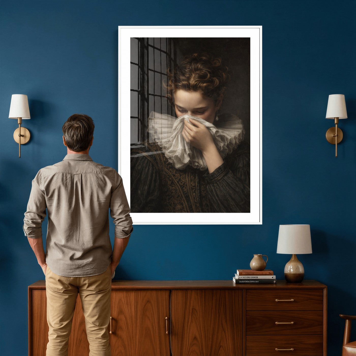 62652430-MGV-CV-24X36 - Baroque Portrait Canvas Wall Art, Flemish Woman with Lace Collar Print for Bathroom Wall Art, Funny Toilet Decor, Renaissance Style Portrait, Moody Vintage Wall Art