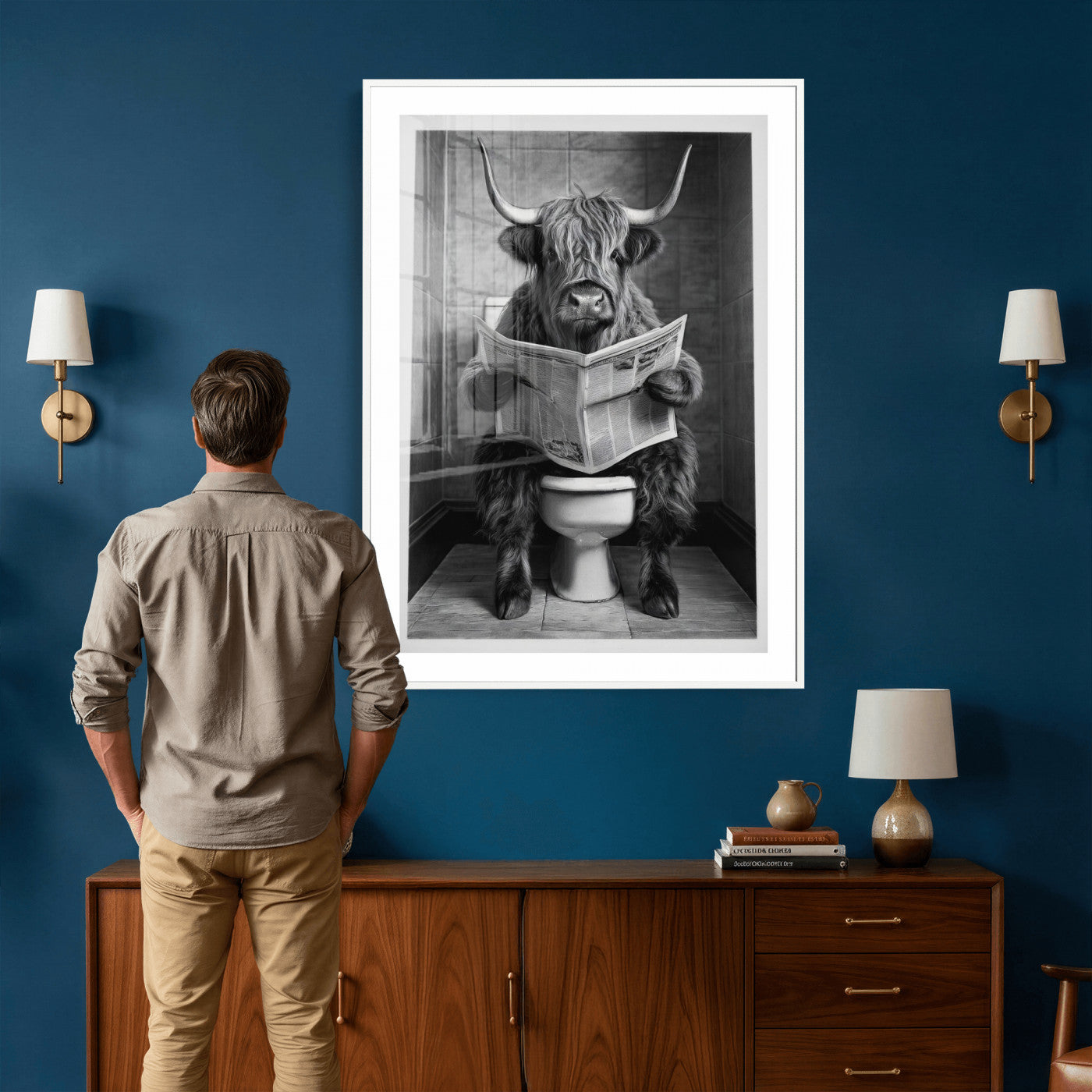 56930218-MGV-CV-24X36 - Funny Bathroom Canvas Wall Art, Texas Longhorn on Toilet Reading Newspaper, Humor Animal Print, Farmhouse Bathroom Decor, Quirky Cow Gift, Toilet Room Art