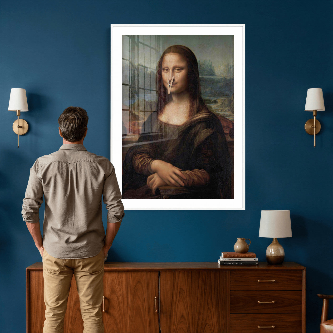 59125950-MGV-CV-24X36 - Funny Bathroom Canvas Wall Art Print, Mona Lisa Clothespin Nose Humor Decor, Classic Art Parody, Toilet Room Wall Art, Quirky Housewarming Gift, Eclectic Home Decor
