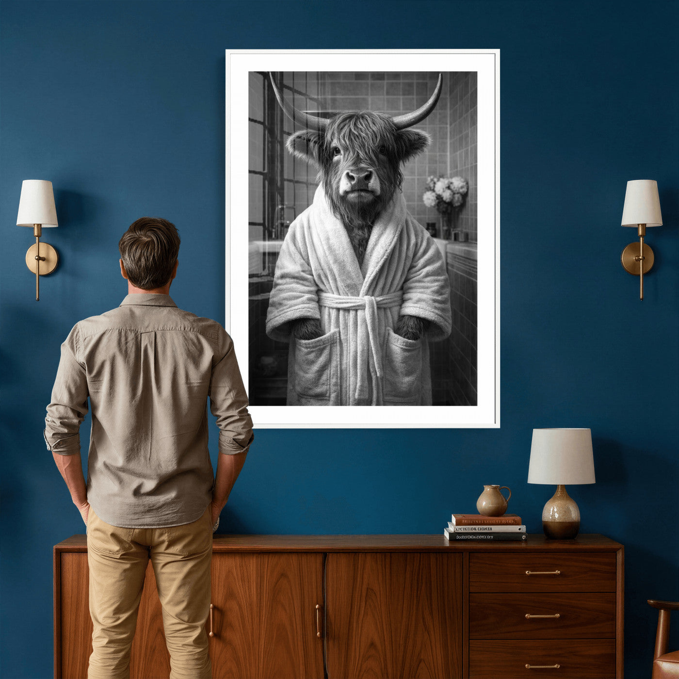 98453723-MGV-CV-24X36 - Funny Bathroom Wall Art Canvas Print, Highland Cow in Bathrobe, Black and White Humor Decor, Animal Bathroom Print, Farmhouse Bathroom Art