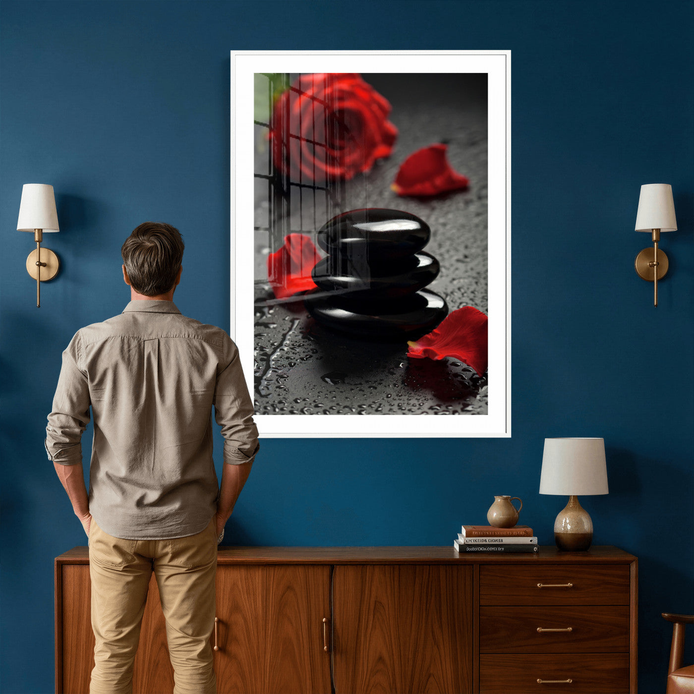 37334763-MGV-CV-24X36 - Black Lava Stone Rose Canvas | Red Rose Spa Photography Print | Stacked Stones Dark Luxury Wall Art | Dramatic Bathroom Decor