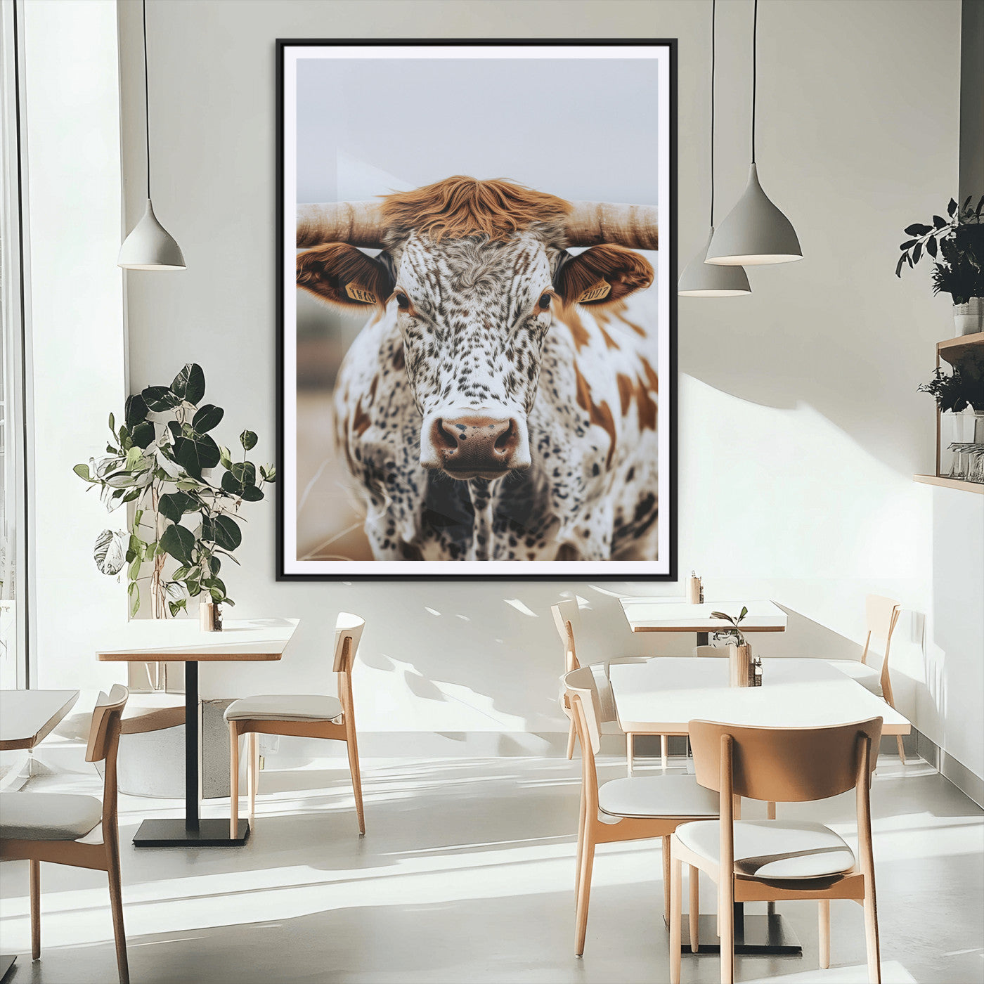 83285937-MGC-FP-24x36_Black-Texas Longhorn Wall Art Canvas Print, Framed Spotted Cow Art Picture Print, Horned Cattle Perfect Rustic Western Decor Artwork