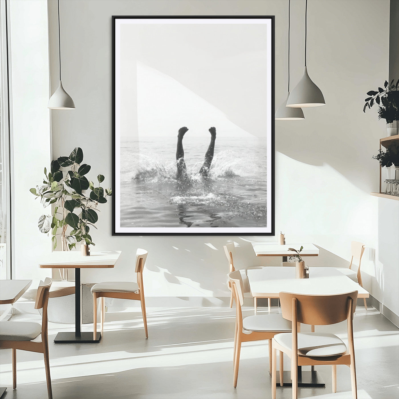 43900465-MGV-CV-24X36-Minimal Ocean Wall Art Canvas Print – Framed Monochrome Diving Swimmer Sea Modern Coastal Minimal Artwork for Home Office