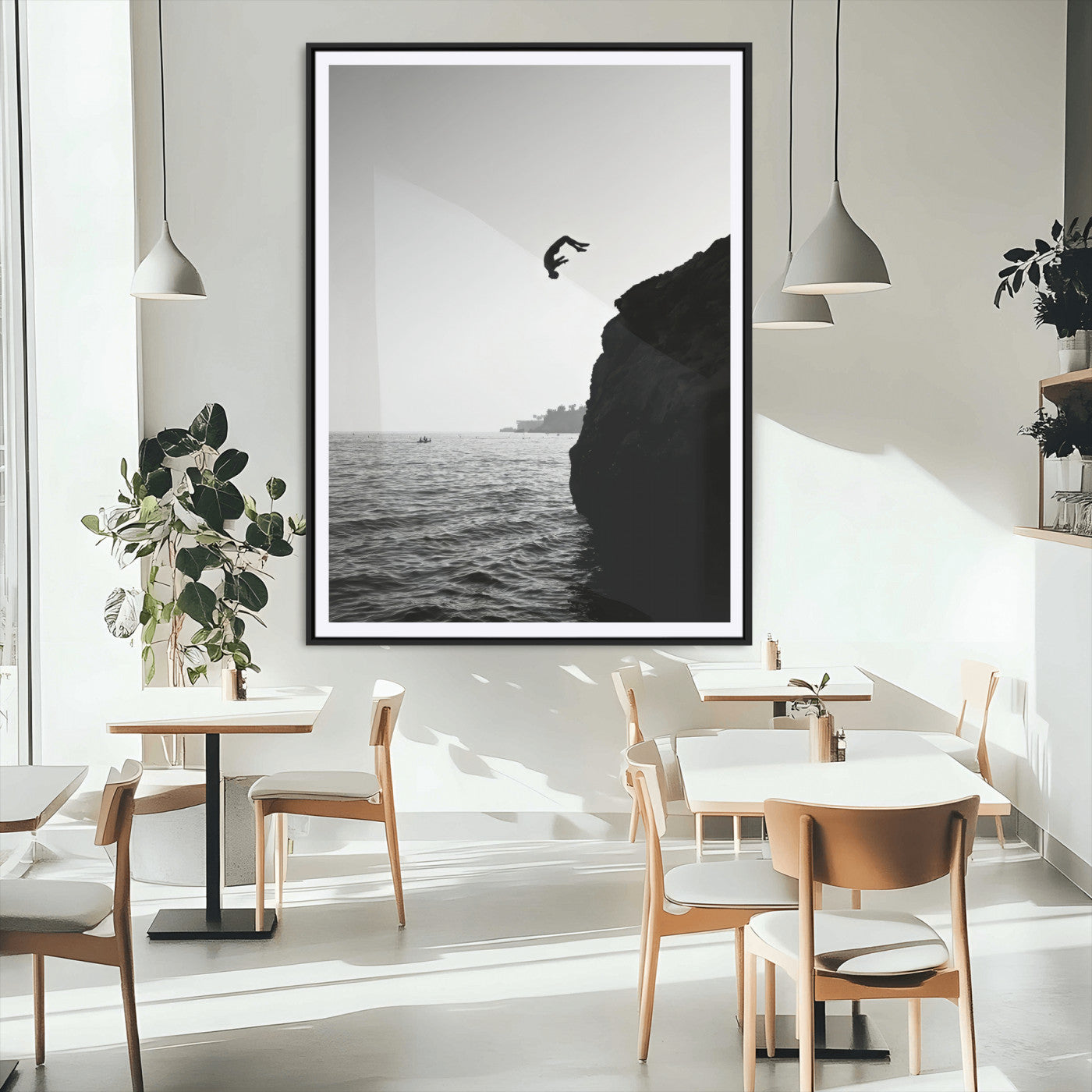 99497106-MGV-CV-24X36-Cliff Jumping Silhouette Wall Art Canvas Print – Framed Black White Ocean Monochrome Adventure Artwork for Home Office