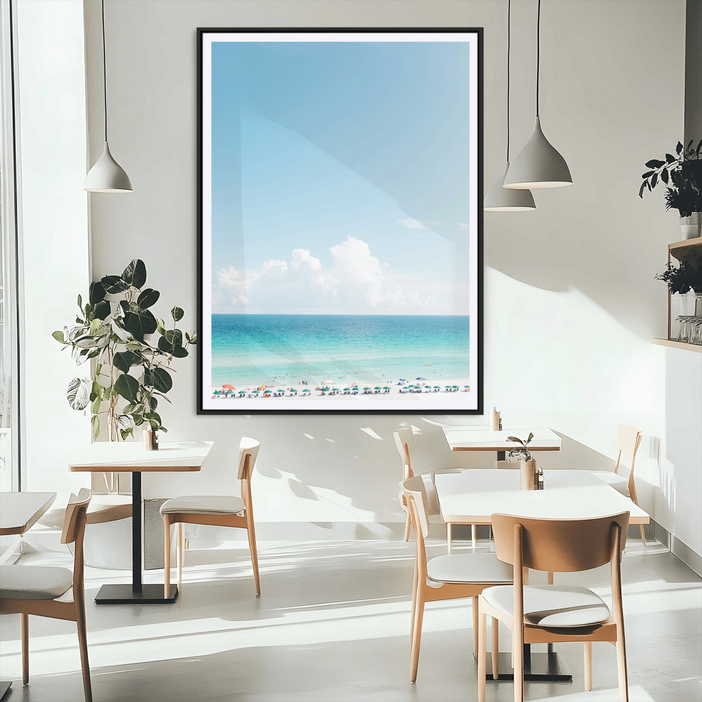 62954953-MGV-CV-24X36-Turquoise Ocean Wall Art Canvas Print – Framed Coastal Serenity White Sand Beach Artwork for Home Office