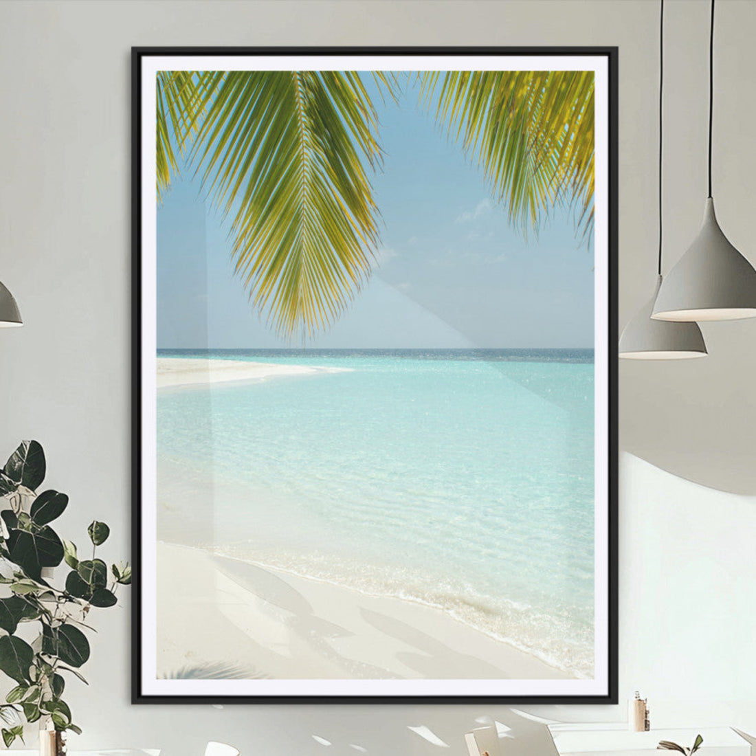Azure Water Wall Art Canvas Print, Framed Tranquil Island Escape Art, Clear Blue Ocean Coastal Decor