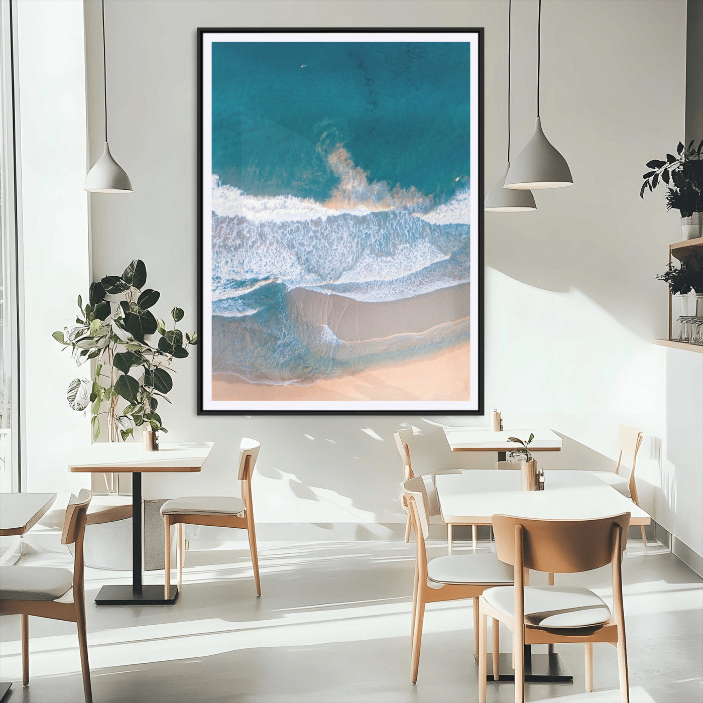 97740681-MGV-CV-24X36-Aerial Beach View Wall Art Canvas Print – Framed Ocean Waves Coastal Serenity Minimalist Seascape Artwork for Home, Office