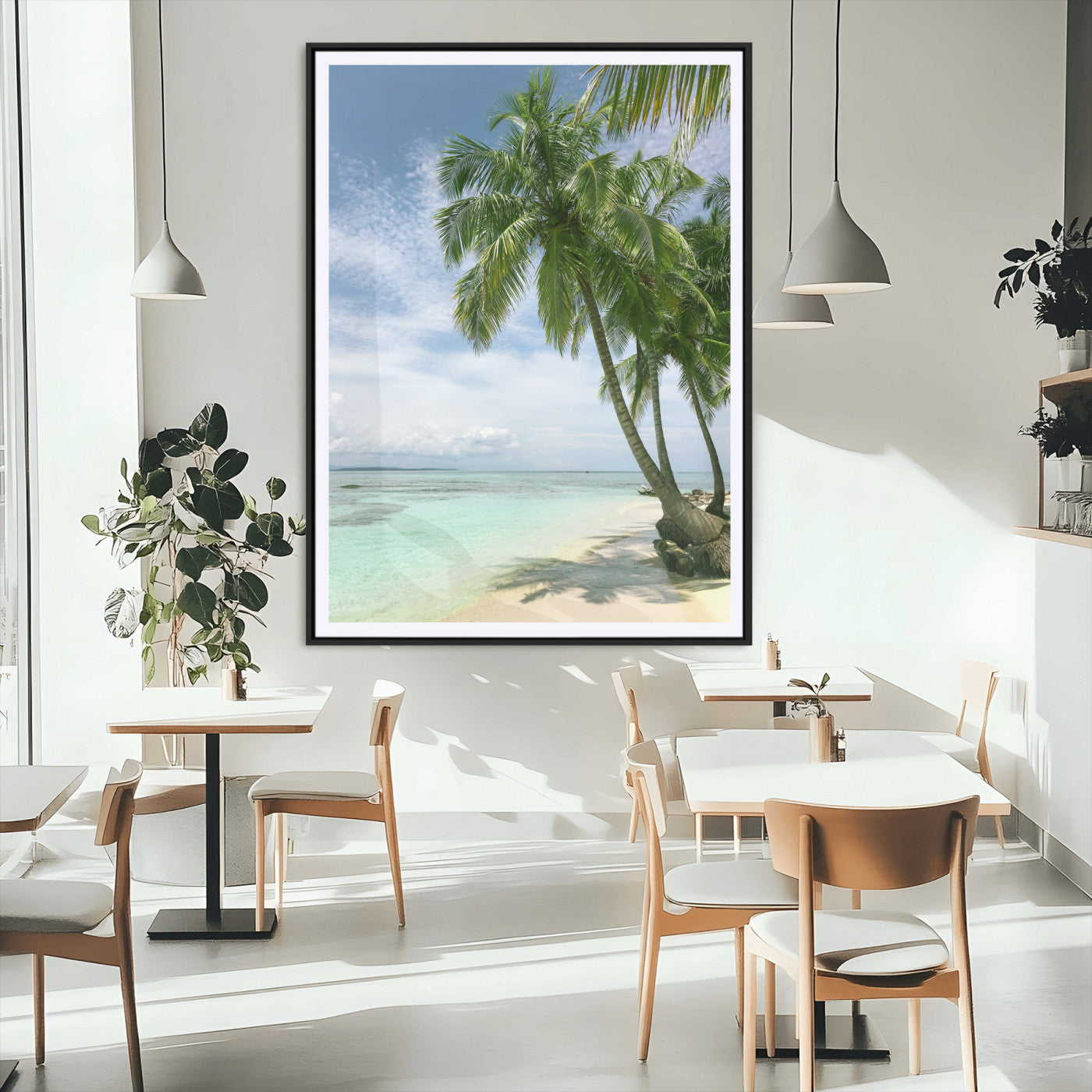 80489589-MGC-FP-24x36_Black-Tropical Beach Palm Trees Canvas Print – Framed Island Coastal Wall Art Bright Ocean Horizon Photography for Home, Office