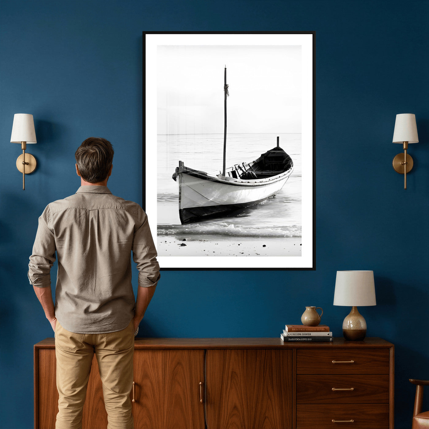 13080776-MGV-CV-24X36 - Minimal Boat Wall Art Canvas Print – Black and White Coastal Photography Artwork Print for Living Room, Bedroom, and Office Decor