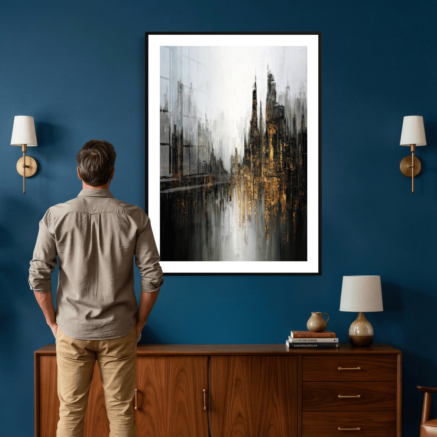 39629486-MGV-CV-24X36 - Abstract Urban Reflection Wall Art Canvas Print, Gold Black Modern Architecture Canvas Print, Contemporary Moody City Artwork for Living Room Decor