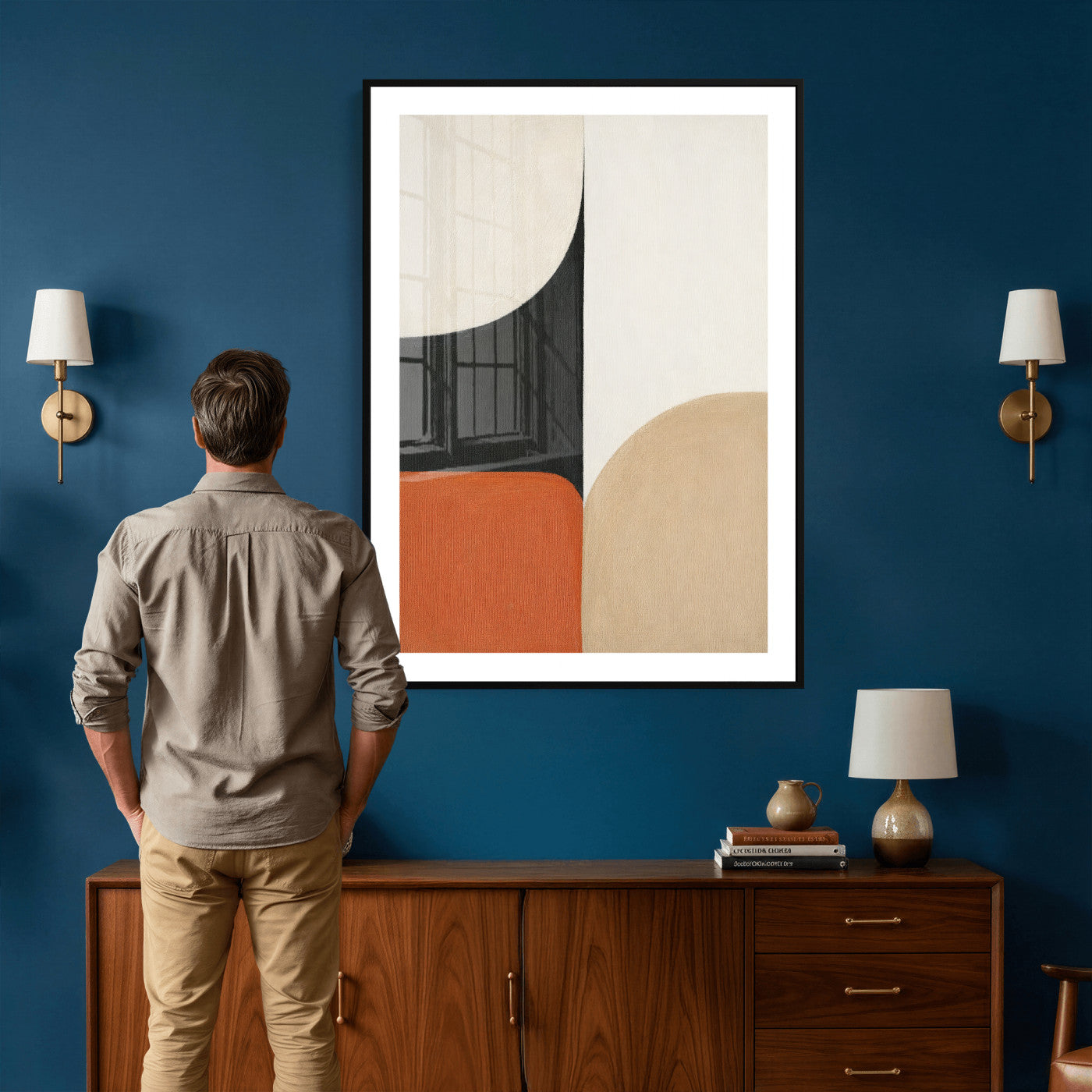 38800649-MGV-CV-24X36 - Geometric Abstract Wall Art Canvas Print, Orange Blue Abstract Expressionist Painting Print, Modern Geometric Abstract Canvas Art