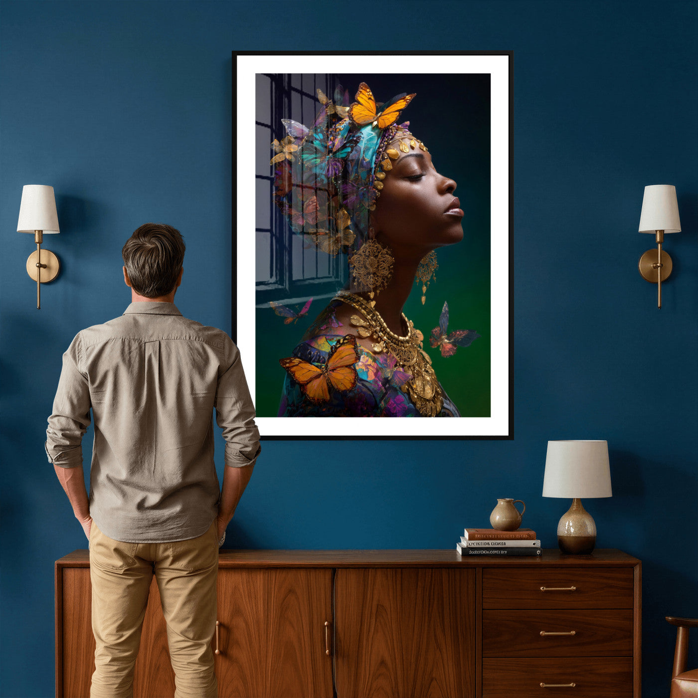 620930SZC0-MGV-CV-24X36 - Butterfly Crown Gold Woman Portrait — Monarch Queen Canvas Print | Teal Dark Fantasy Art | Boho Bedroom Wall Decor | Empowerment Gift Her