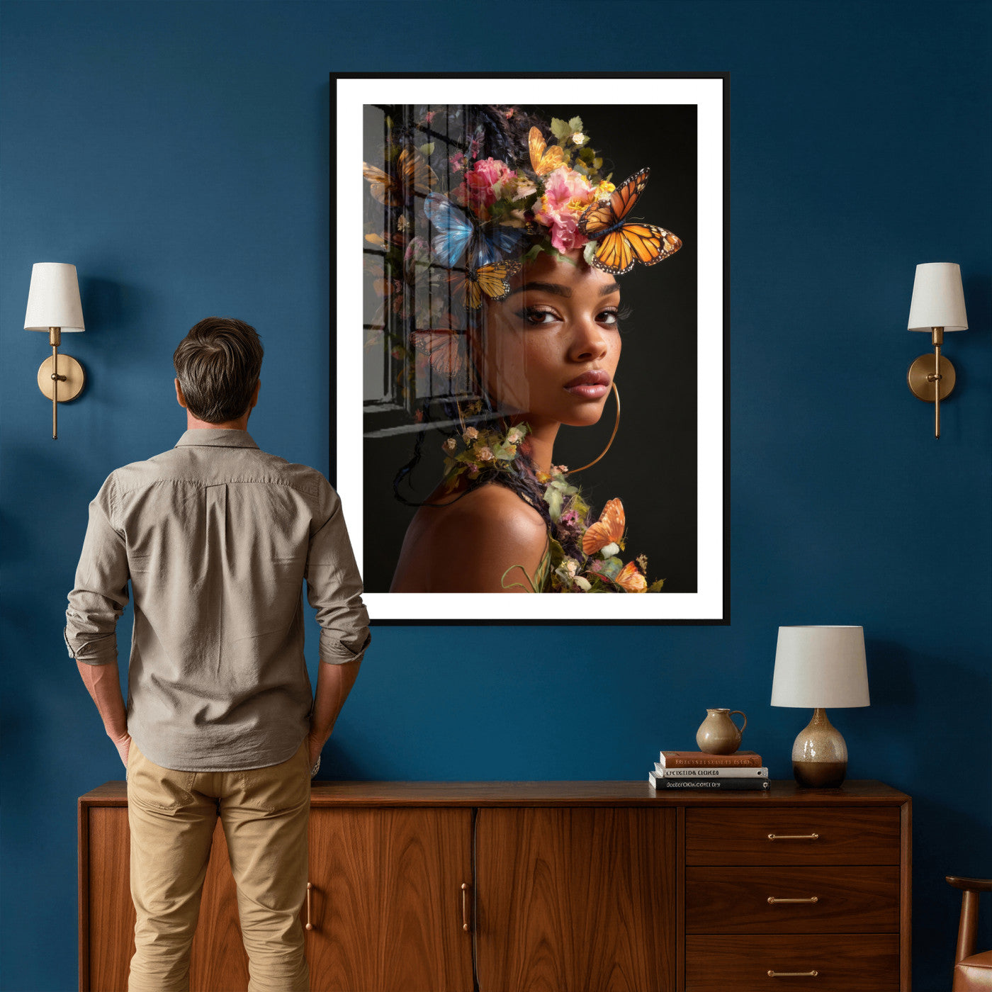 620930SZC10-MGV-CV-24X36 - Butterfly Crown Gold Woman Portrait — Monarch Queen Canvas Print | Teal Dark Fantasy Art | Boho Bedroom Wall Decor | Empowerment Gift Her