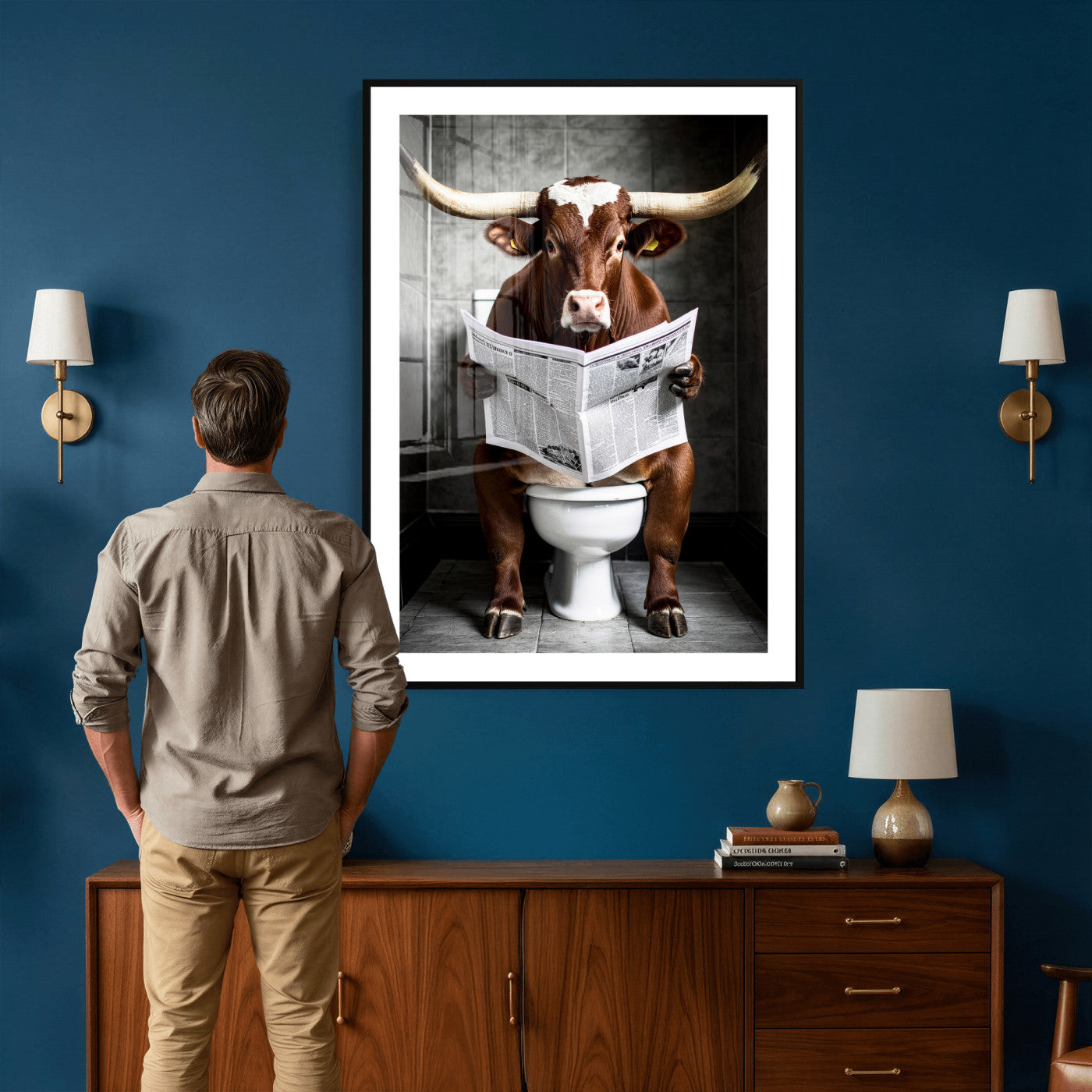 69808726-MGV-CV-24X36 - Texas Longhorn Cow Toilet Paper Canvas Wall Art, Funny Bathroom Black White Print, Cute Animal Humor Decor, Quirky Farmhouse Bathroom Art, Cow Lover Gift