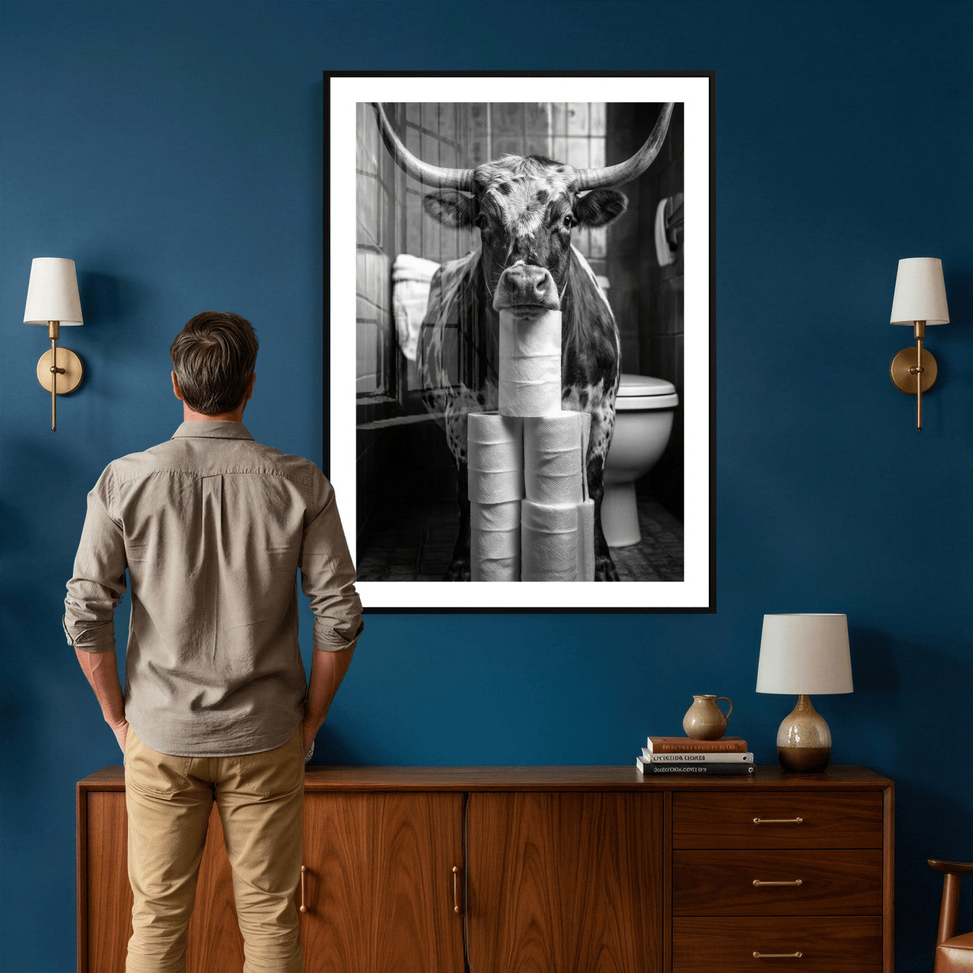 79259956-MGV-CV-24X36 - Texas Longhorn Cow Toilet Paper Canvas Wall Art, Funny Bathroom Black White Print, Cute Animal Humor Decor, Quirky Farmhouse Bathroom Art, Cow Lover Gift